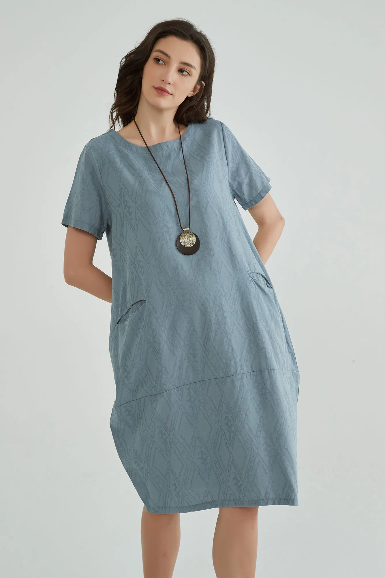 Windy Blue Jaquard Summer Dresses for Mature Ladies