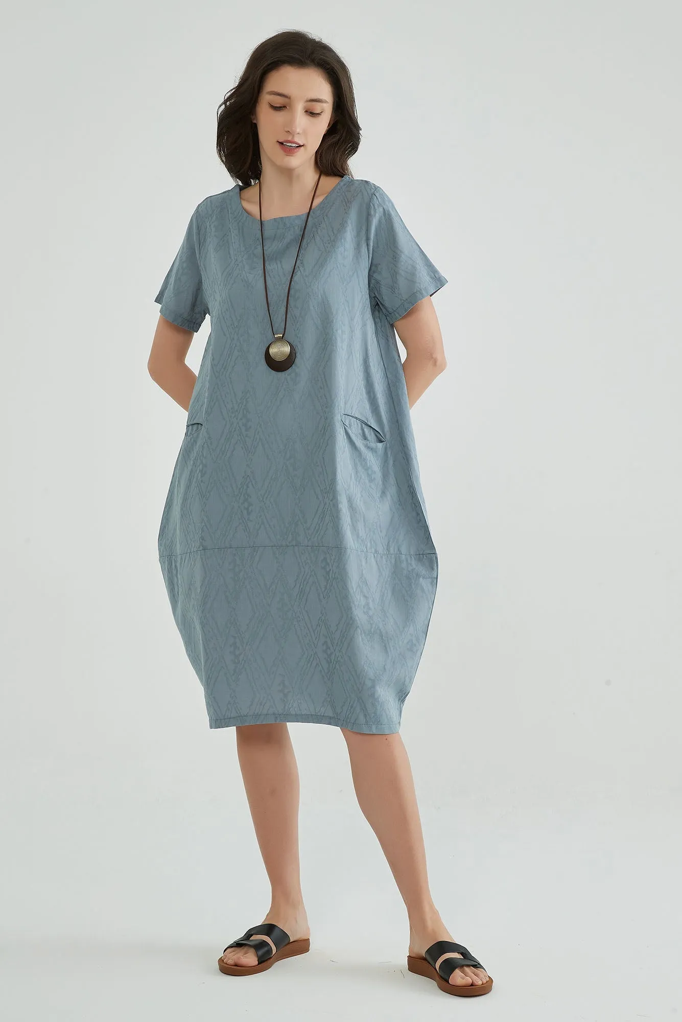Windy Blue Jaquard Summer Dresses for Mature Ladies