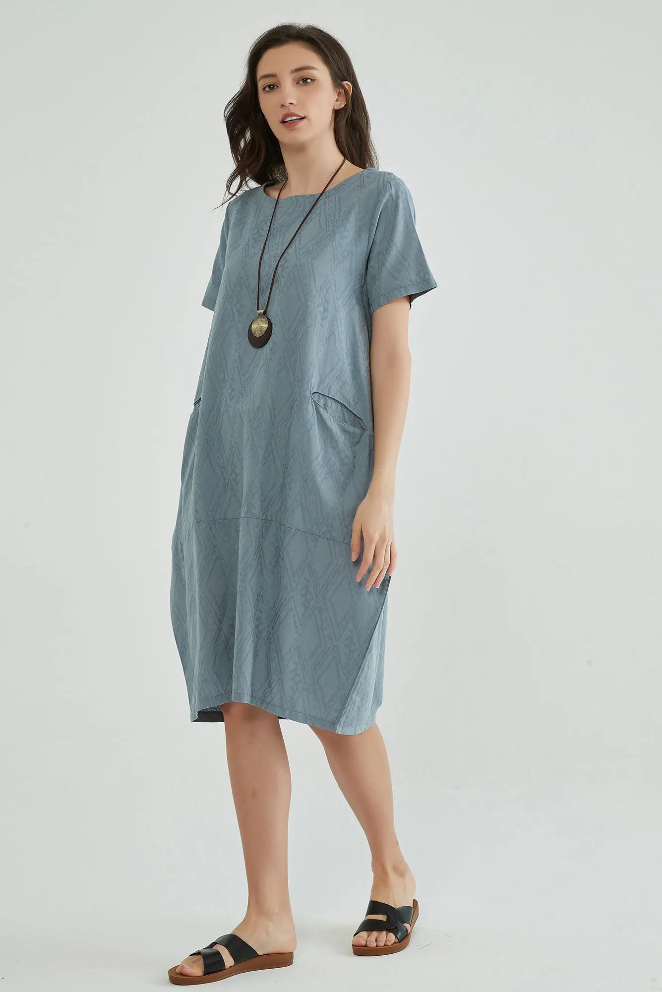 Windy Blue Jaquard Summer Dresses for Mature Ladies