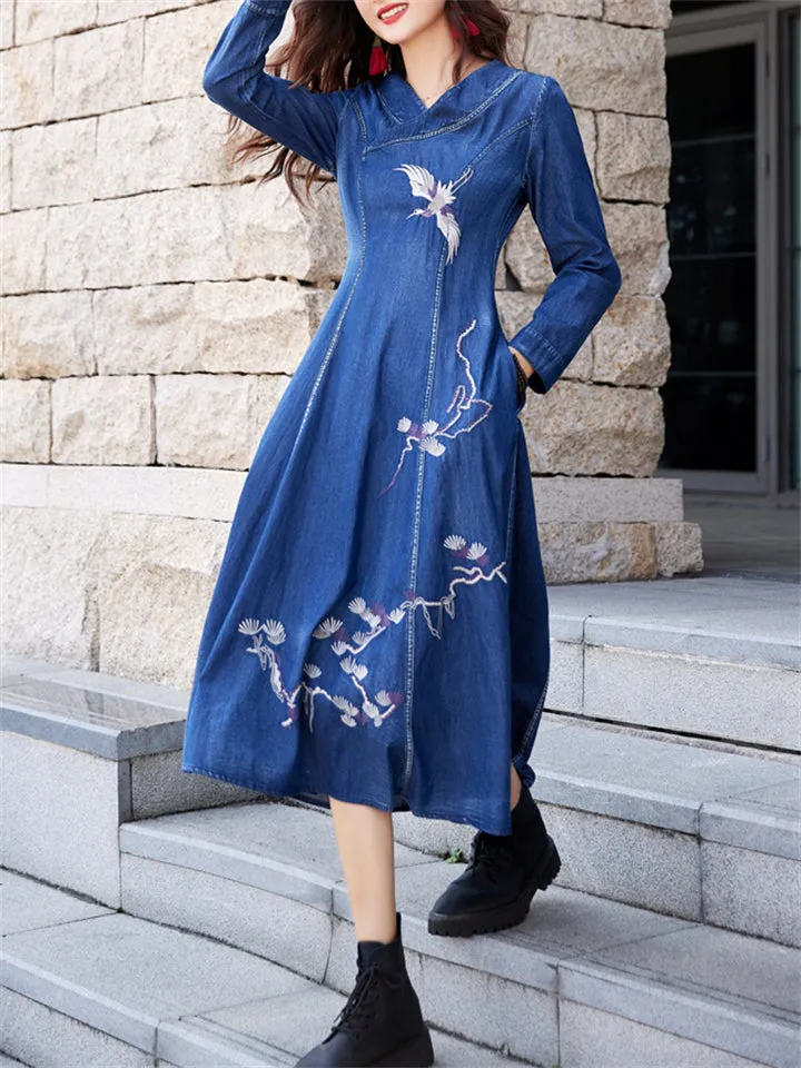 Women's Flying Bird Embroidery V-Neck Blue Denim Dress