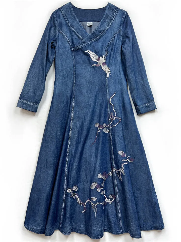 Women's Flying Bird Embroidery V-Neck Blue Denim Dress