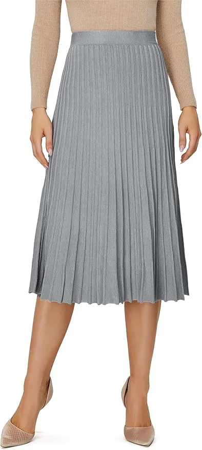 Women's Knit Maxi Pleated Skirts, High Waist Elastic A Line Long Skirt for Fall Winter