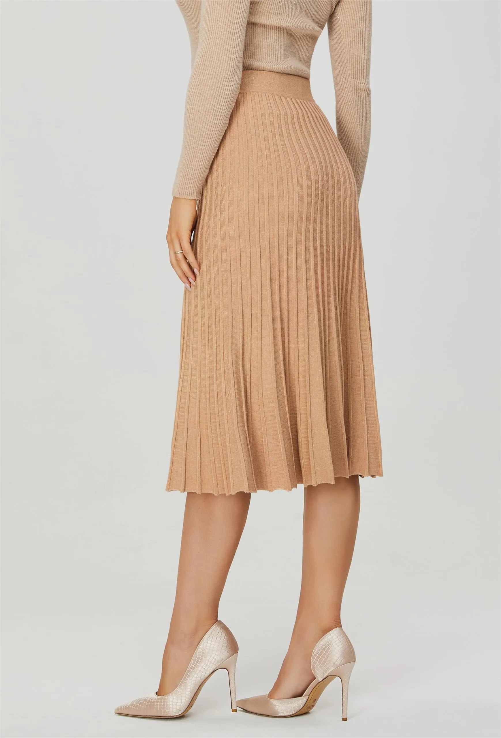 Women's Knit Maxi Pleated Skirts, High Waist Elastic A Line Long Skirt for Fall Winter