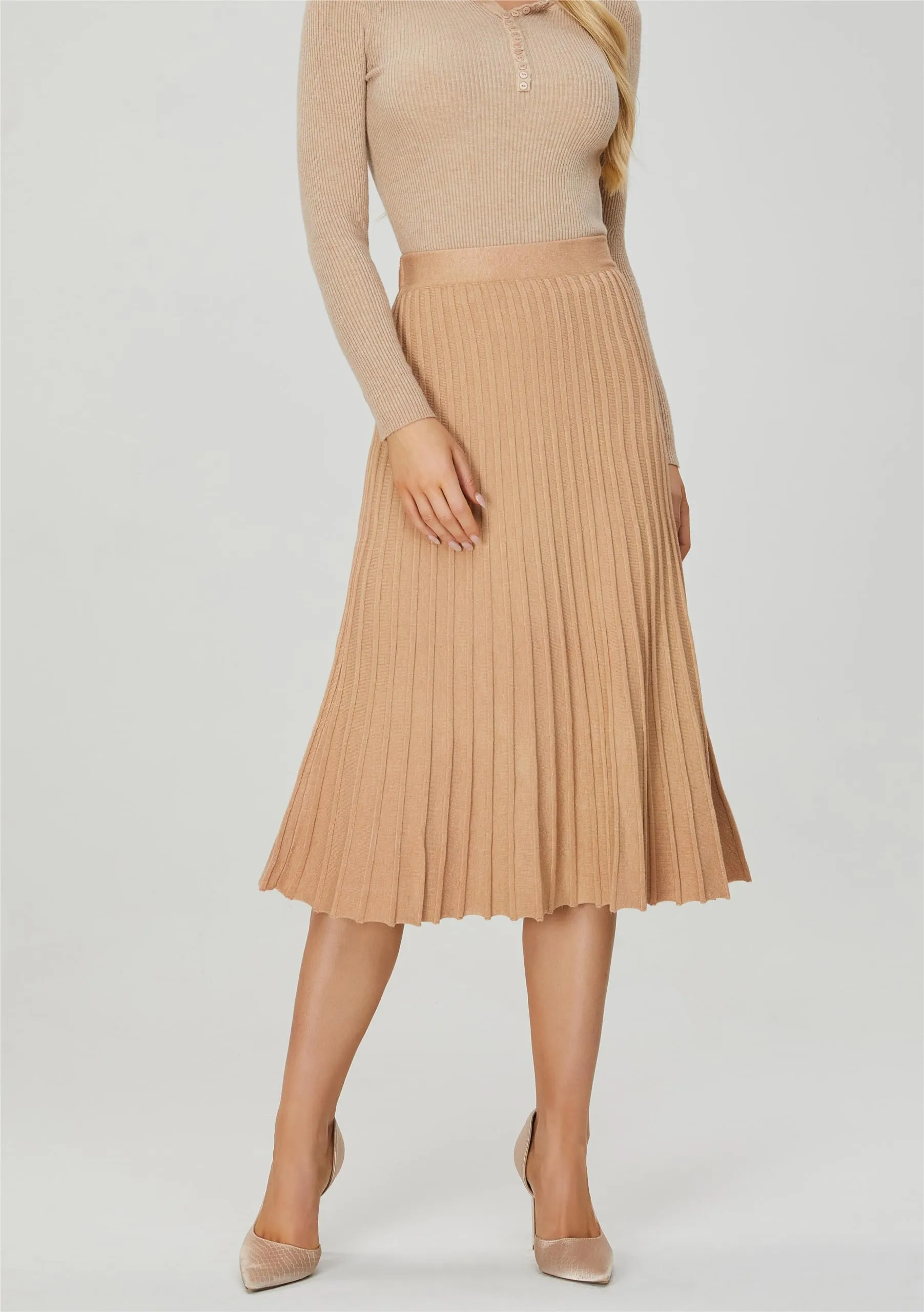 Women's Knit Maxi Pleated Skirts, High Waist Elastic A Line Long Skirt for Fall Winter