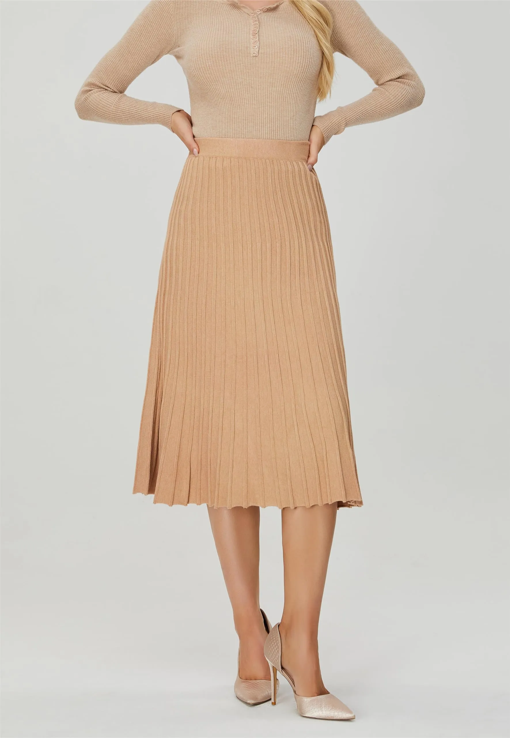 Women's Knit Maxi Pleated Skirts, High Waist Elastic A Line Long Skirt for Fall Winter