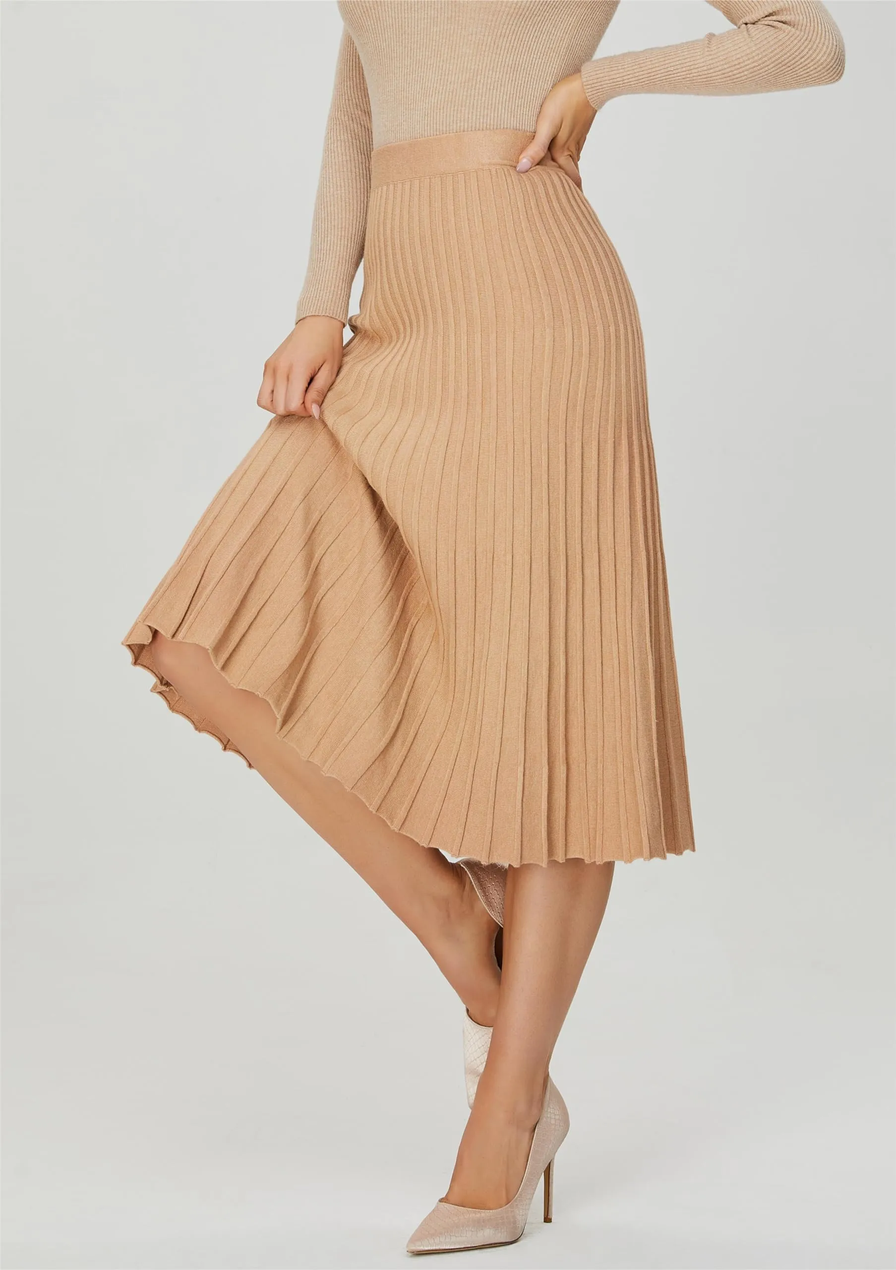 Women's Knit Maxi Pleated Skirts, High Waist Elastic A Line Long Skirt for Fall Winter