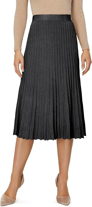 Women's Knit Maxi Pleated Skirts, High Waist Elastic A Line Long Skirt for Fall Winter