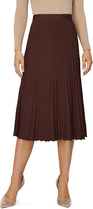 Women's Knit Maxi Pleated Skirts, High Waist Elastic A Line Long Skirt for Fall Winter