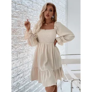 Womens Long Sleeve Tunic Dress Casual V Neck Loose Layer Ruffle Tiered Dress A-Line Solid Color Vintage dresses