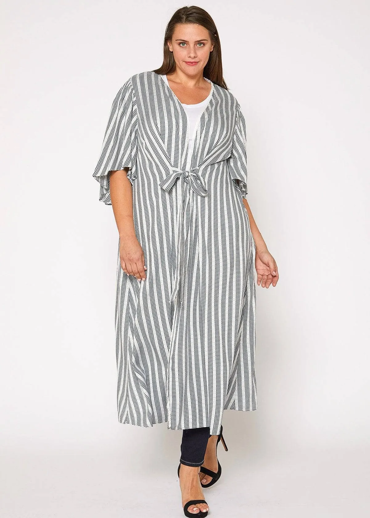 Women's Plus Size Lace Trim Tie Front Maxi Cardigan in Ditsy Gingham