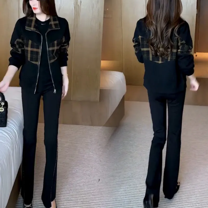 Women's Stylish Warm Plaid Patchwork Zip-Up Jacket