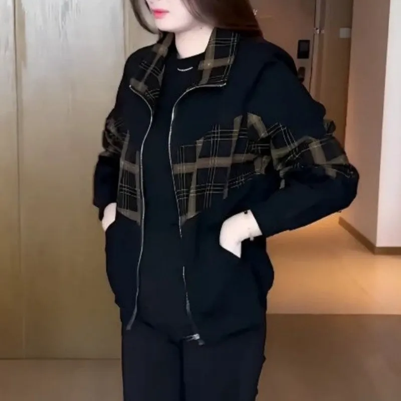 Women's Stylish Warm Plaid Patchwork Zip-Up Jacket