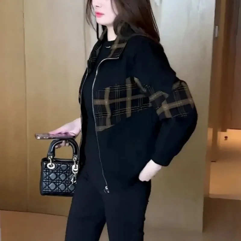 Women's Stylish Warm Plaid Patchwork Zip-Up Jacket