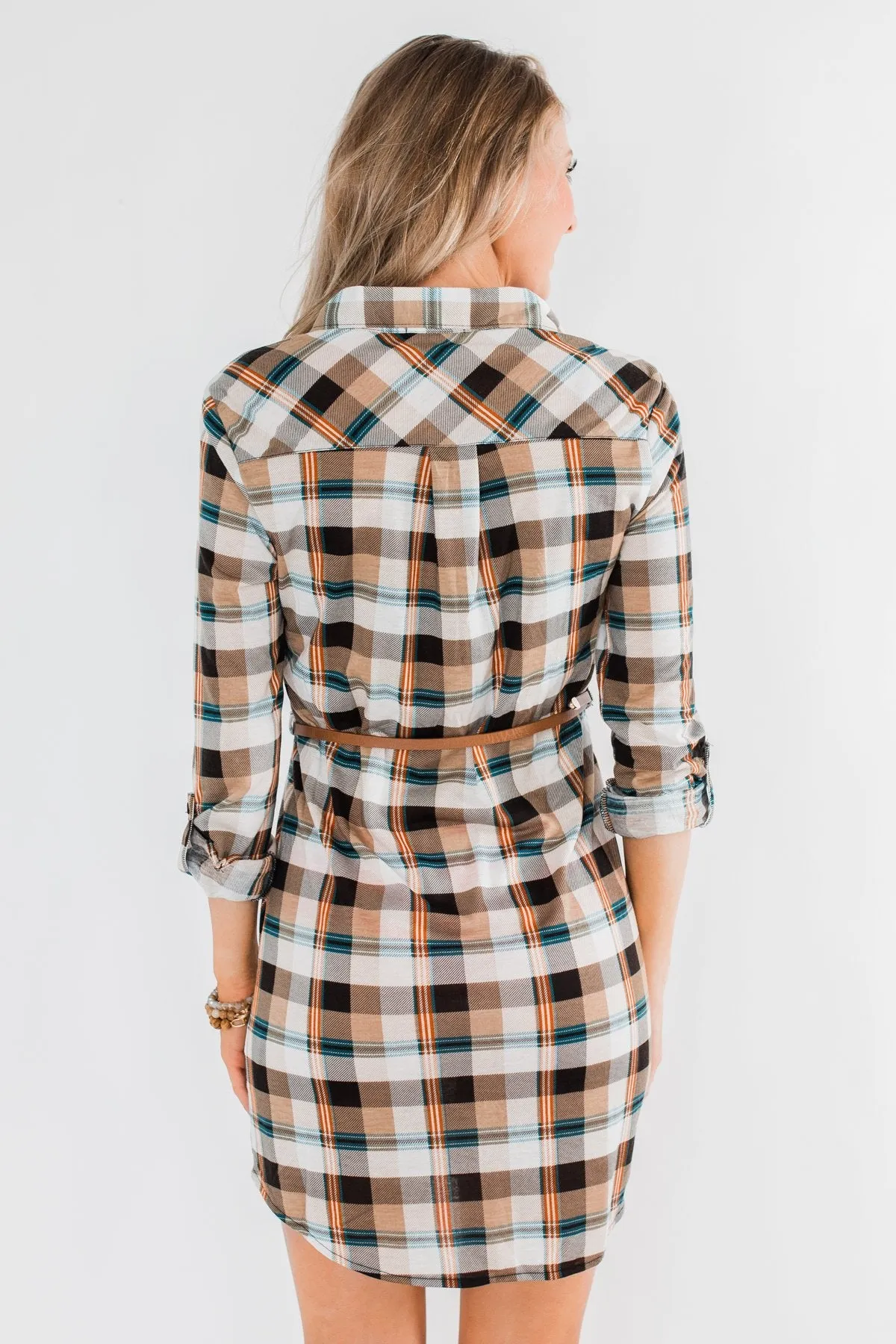Working It Flannel Button Dress- Ivory & Brown