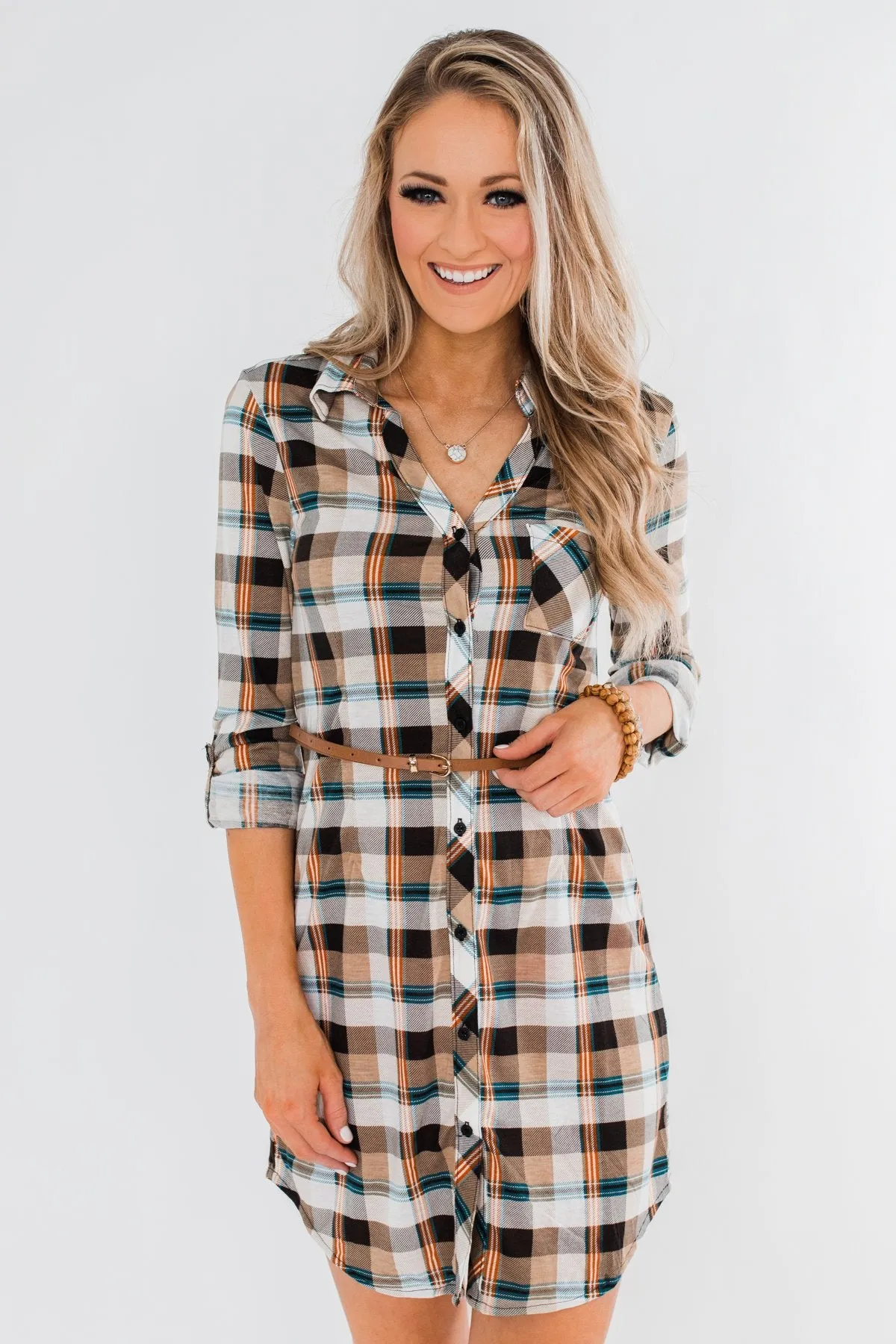 Working It Flannel Button Dress- Ivory & Brown