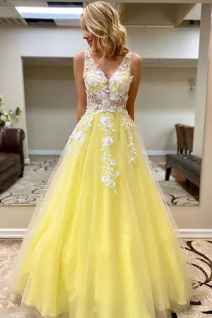Yellow Princess A-line Sleeveless Lace Appliques Prom Dresses, Evening Gowns, SP843