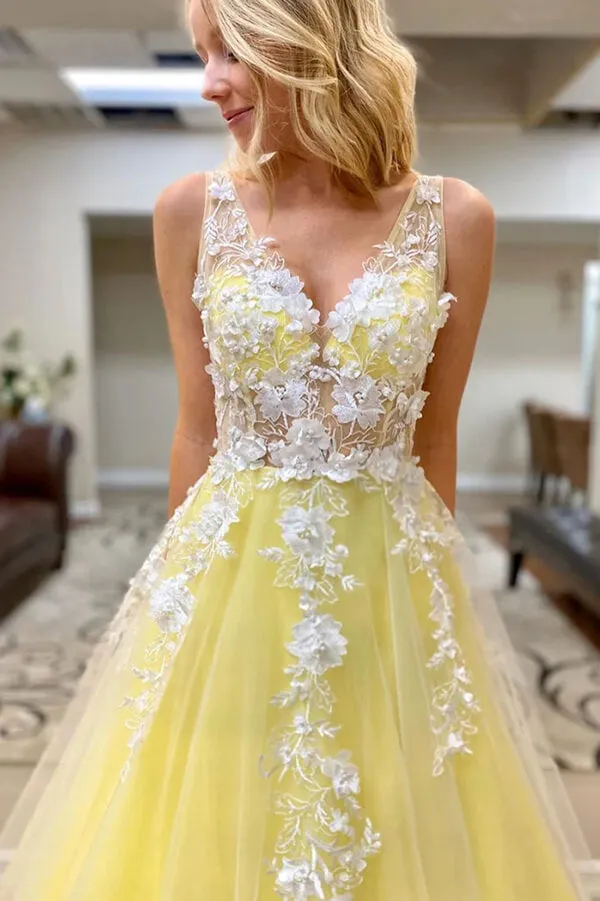 Yellow Princess A-line Sleeveless Lace Appliques Prom Dresses, Evening Gowns, SP843