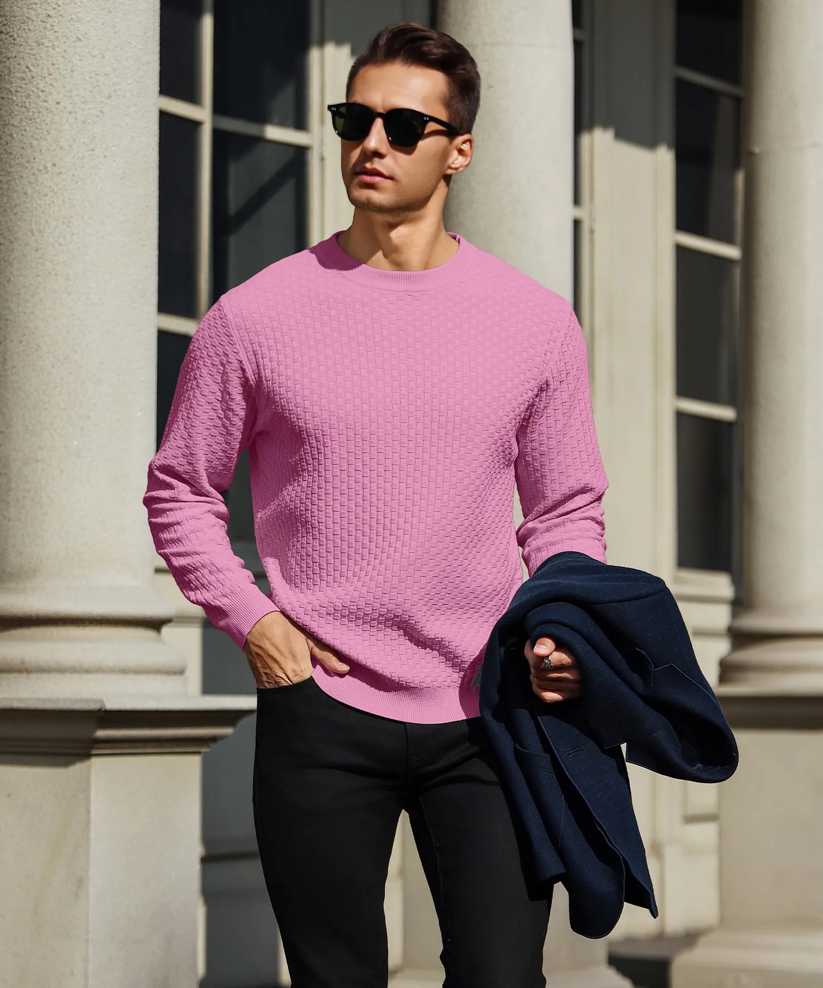 Zaitun Mens Crewneck Sweater Pullover Waffle Knit Casual Patterned Long Sleeve Sweaters