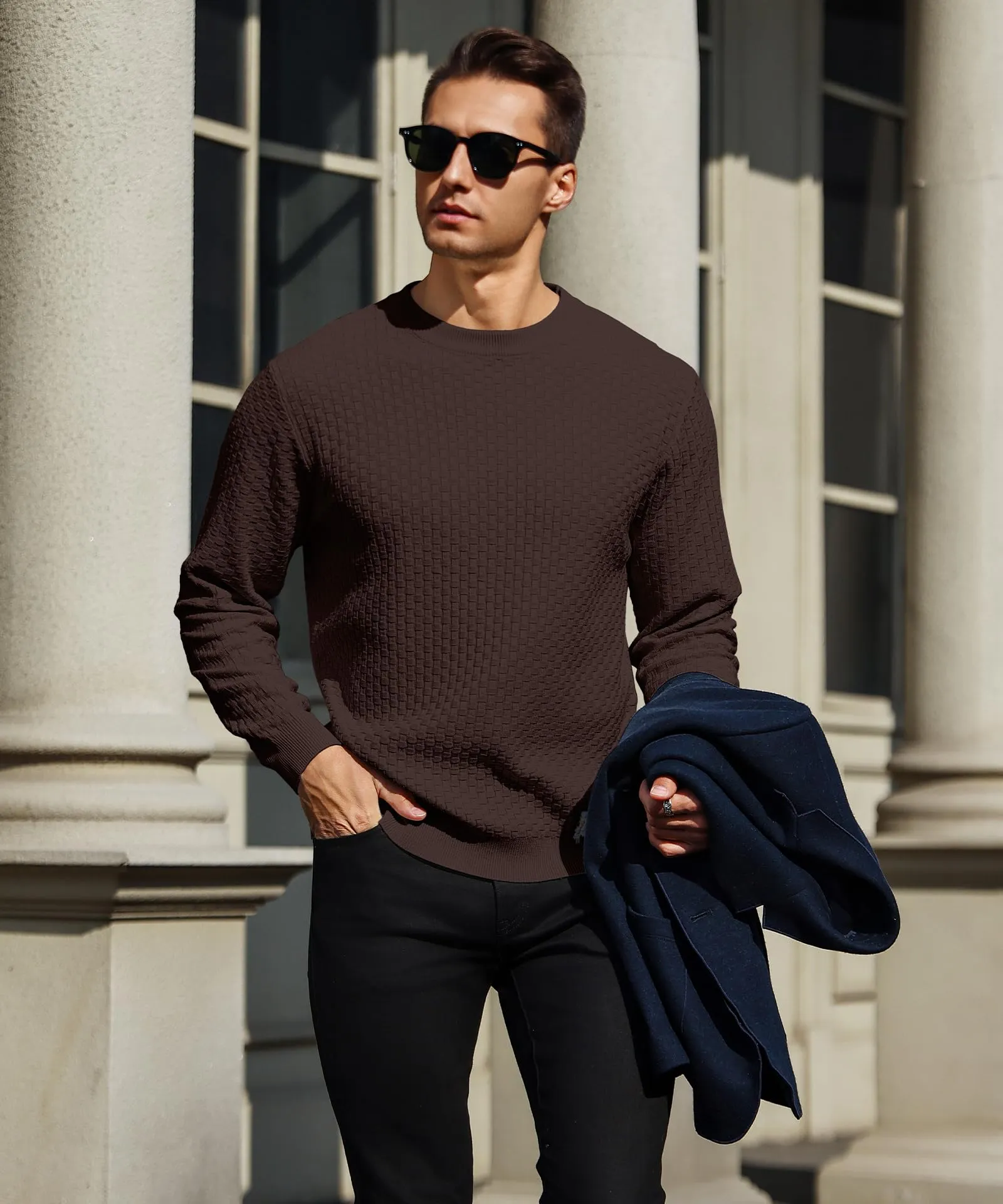 Zaitun Mens Crewneck Sweater Pullover Waffle Knit Casual Patterned Long Sleeve Sweaters