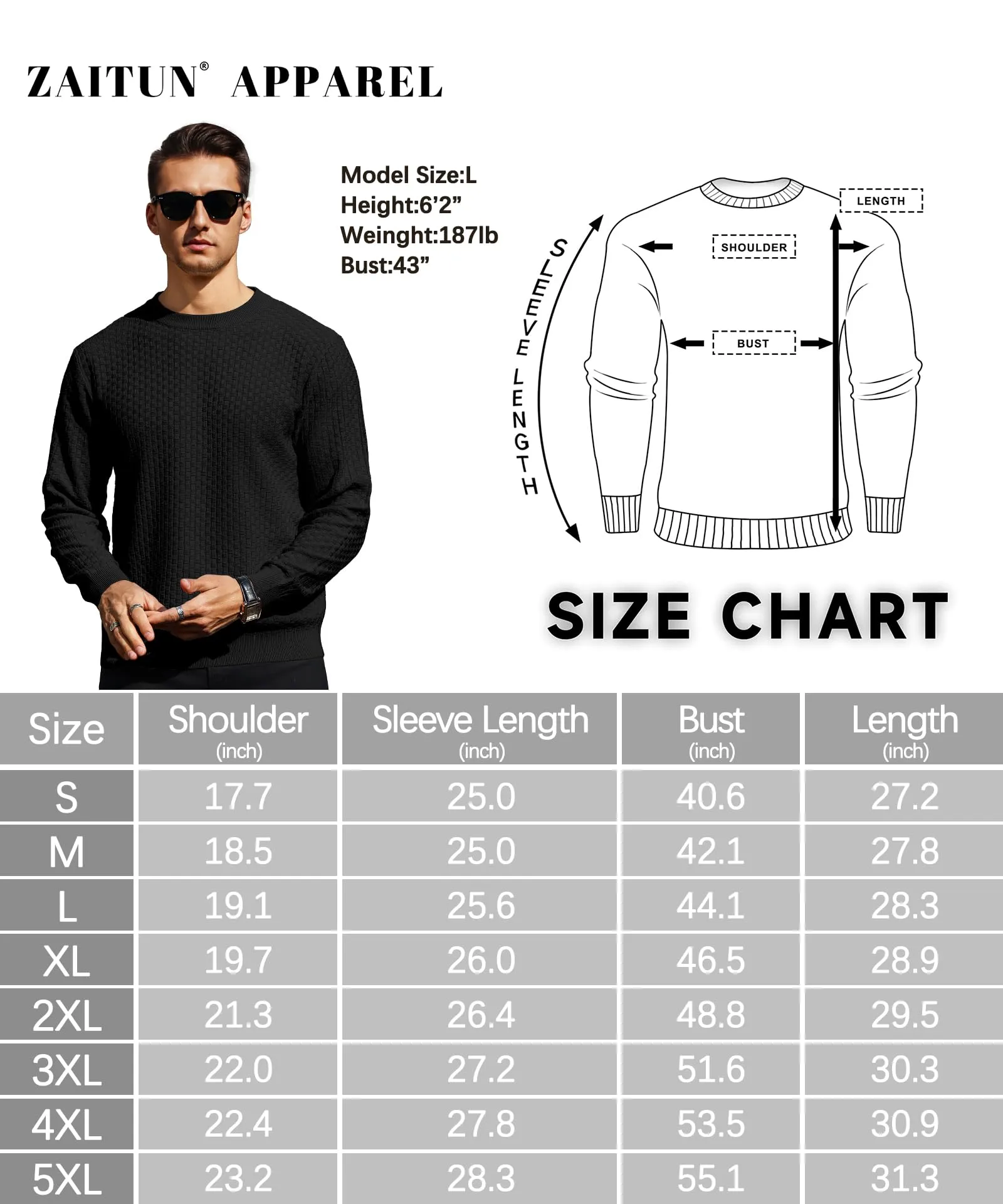 Zaitun Mens Crewneck Sweater Pullover Waffle Knit Casual Patterned Long Sleeve Sweaters