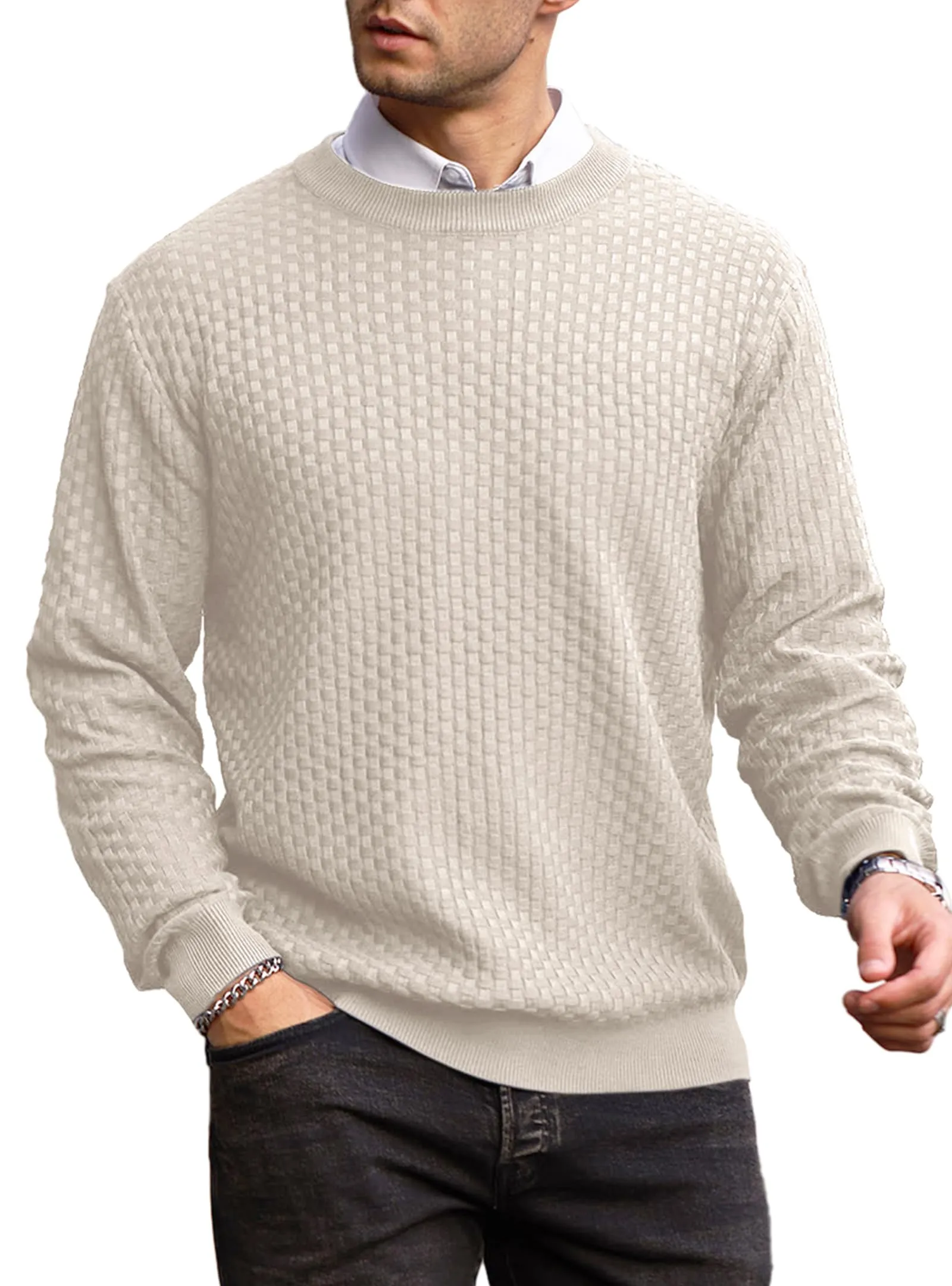 Zaitun Mens Crewneck Sweater Pullover Waffle Knit Casual Patterned Long Sleeve Sweaters