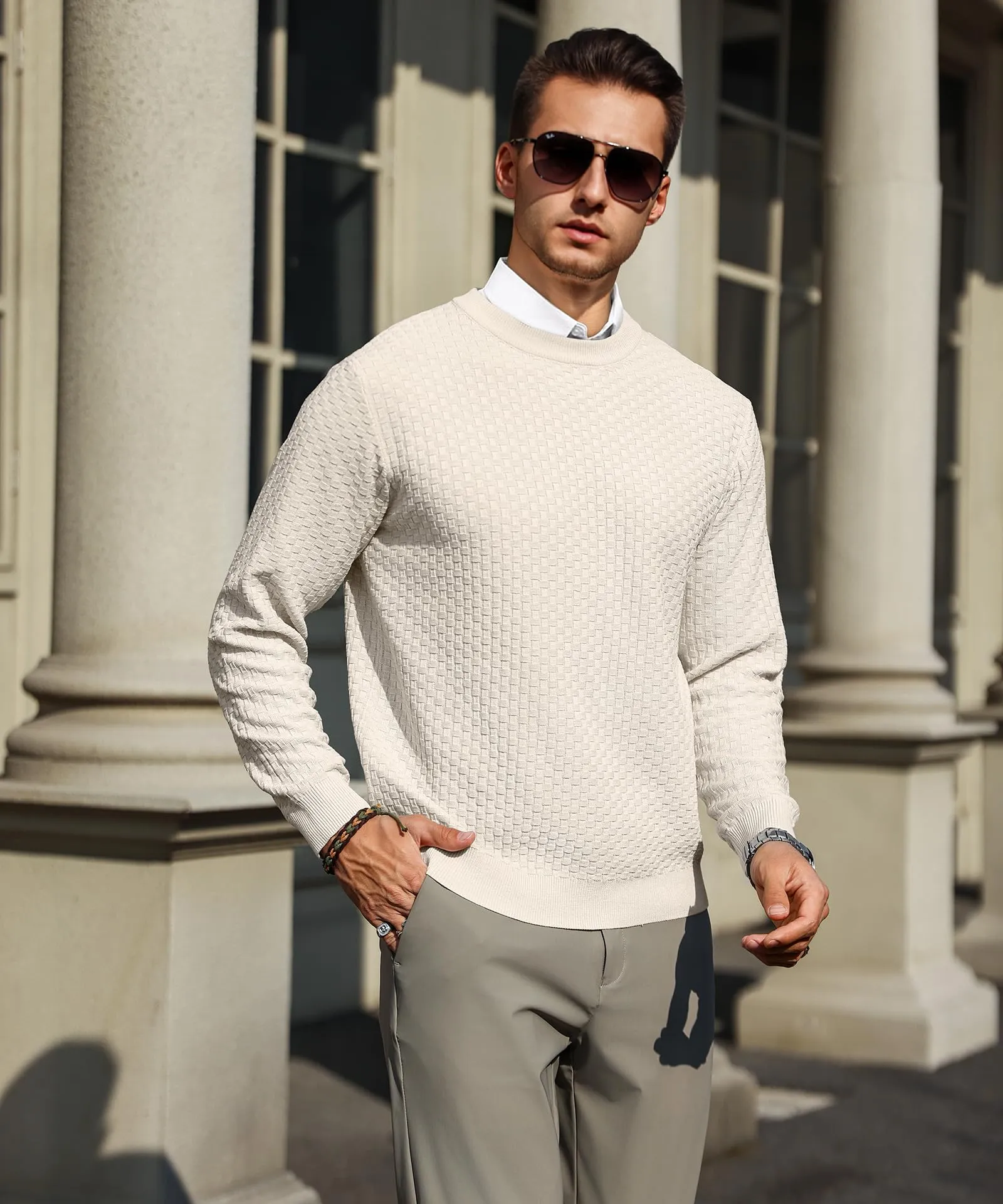 Zaitun Mens Crewneck Sweater Pullover Waffle Knit Casual Patterned Long Sleeve Sweaters