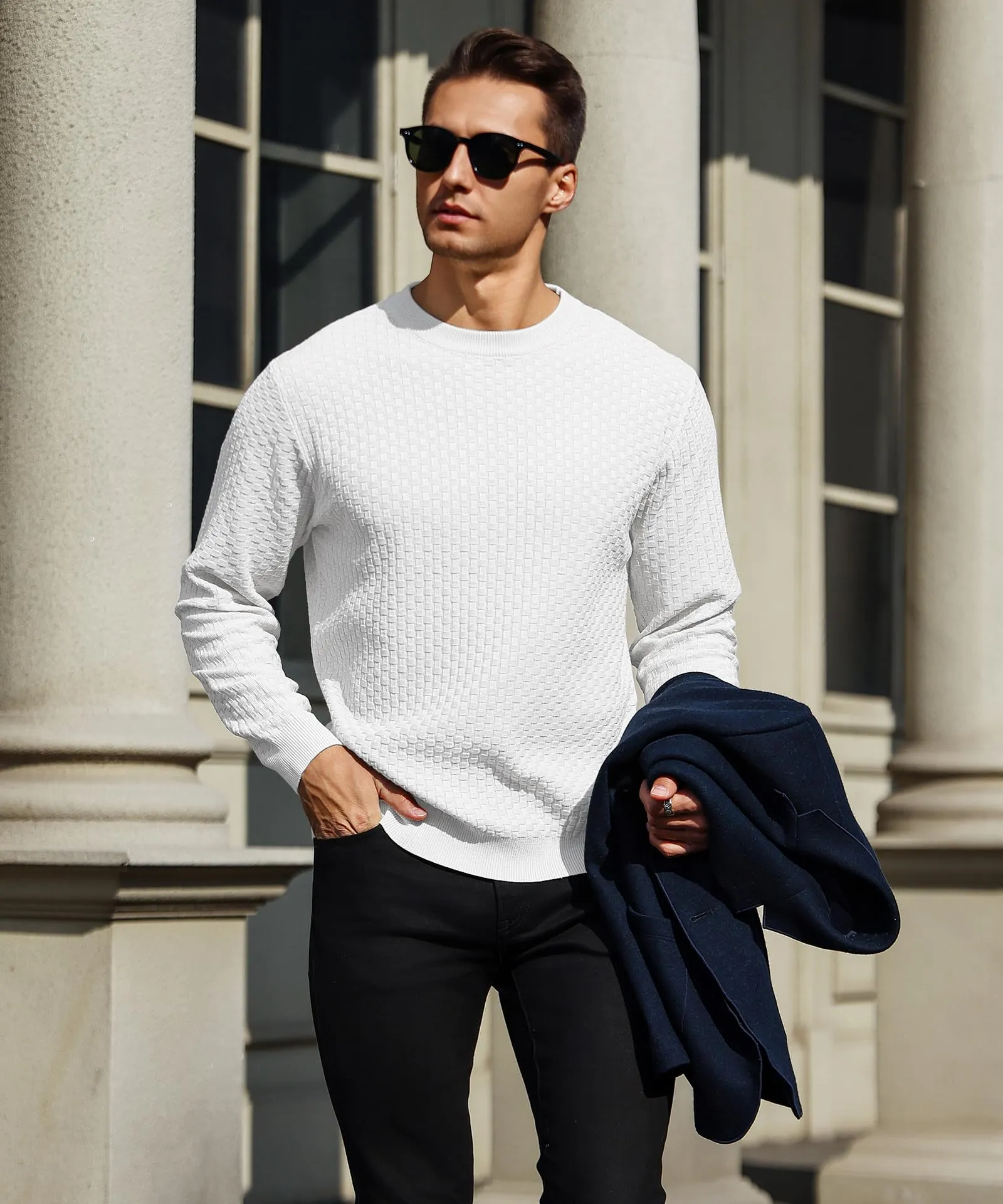 Zaitun Mens Crewneck Sweater Pullover Waffle Knit Casual Patterned Long Sleeve Sweaters