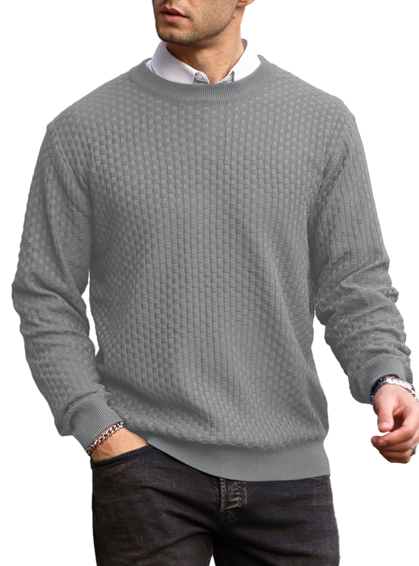 Zaitun Mens Crewneck Sweater Pullover Waffle Knit Casual Patterned Long Sleeve Sweaters