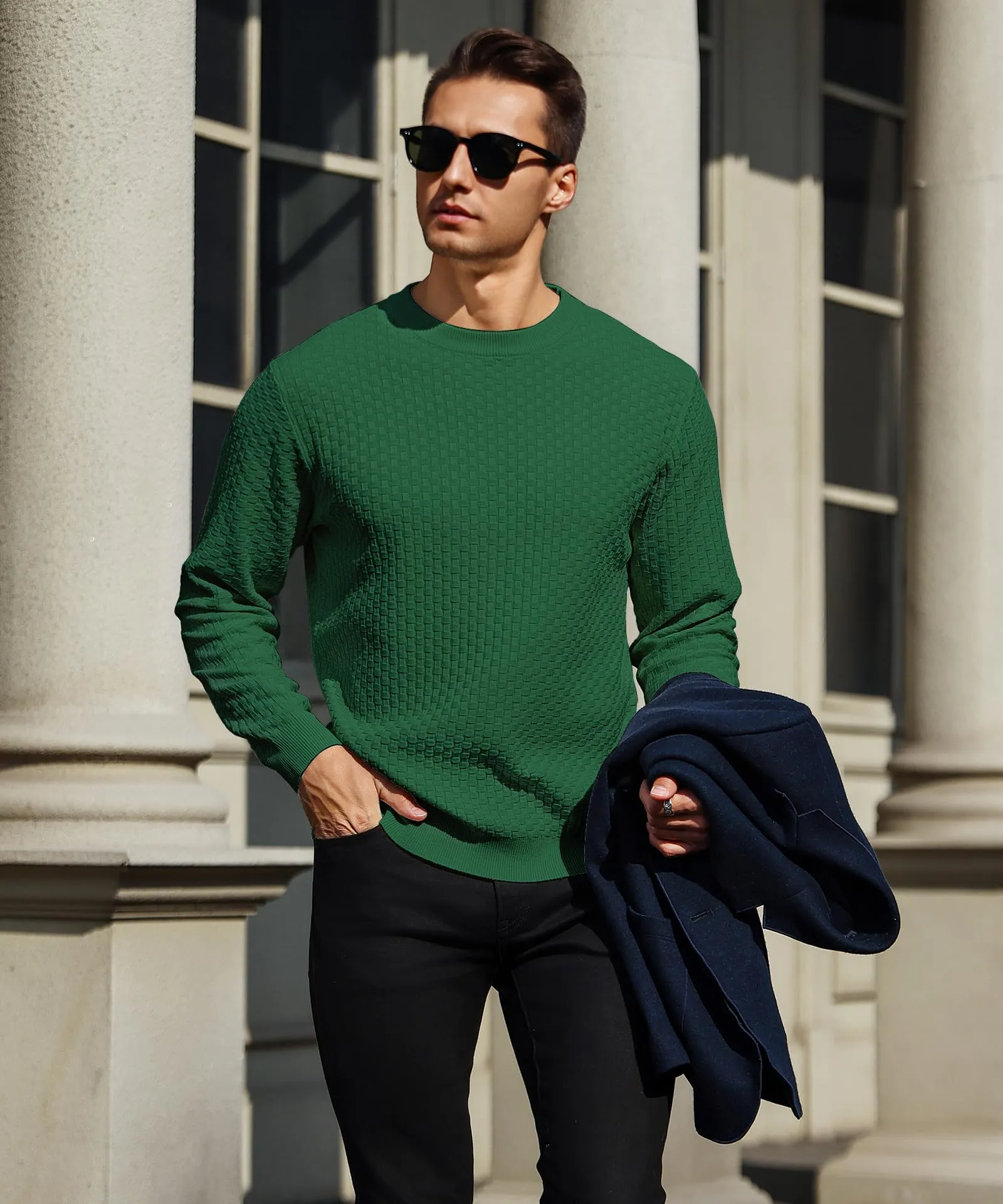 Zaitun Mens Crewneck Sweater Pullover Waffle Knit Casual Patterned Long Sleeve Sweaters