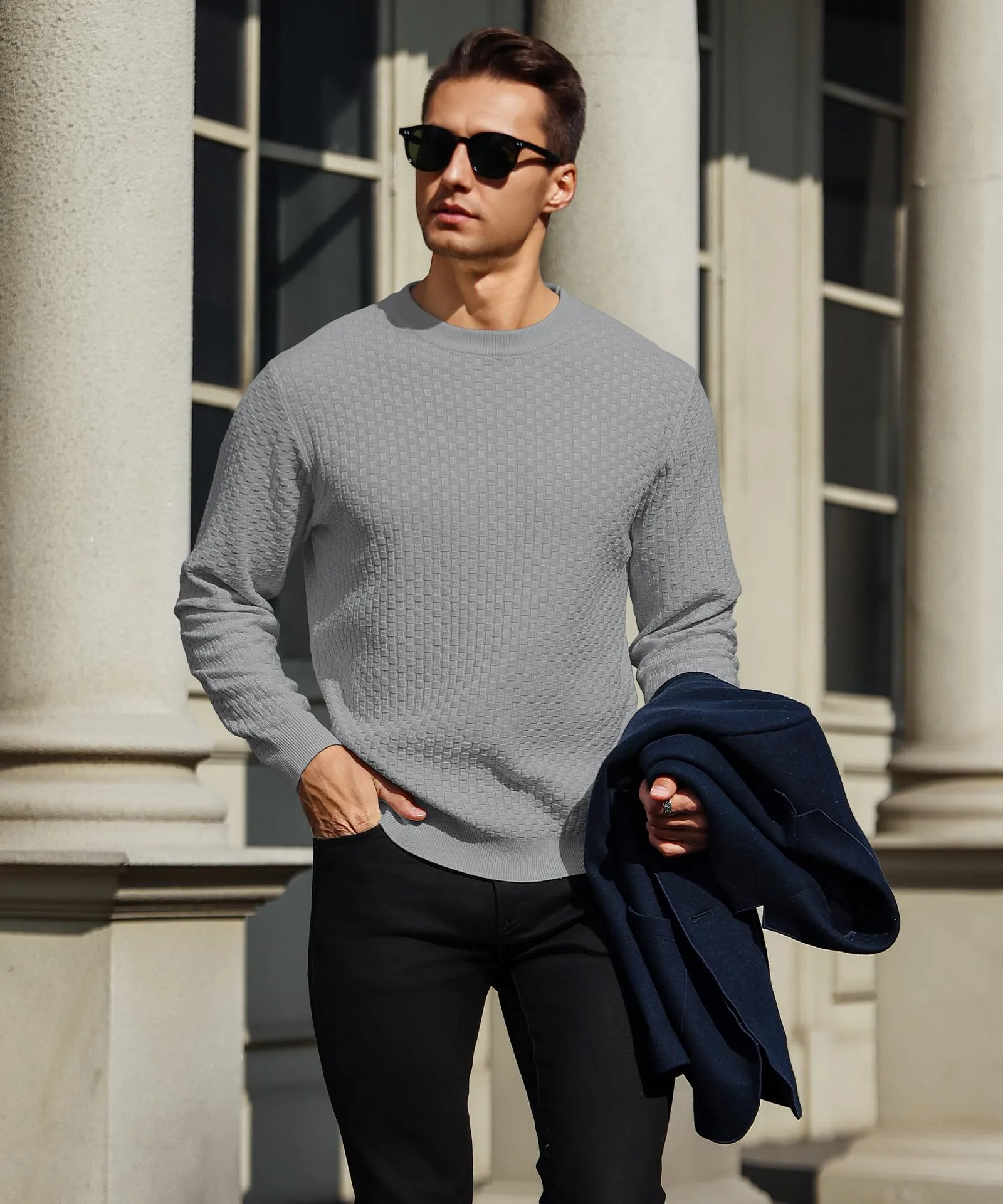 Zaitun Mens Crewneck Sweater Pullover Waffle Knit Casual Patterned Long Sleeve Sweaters