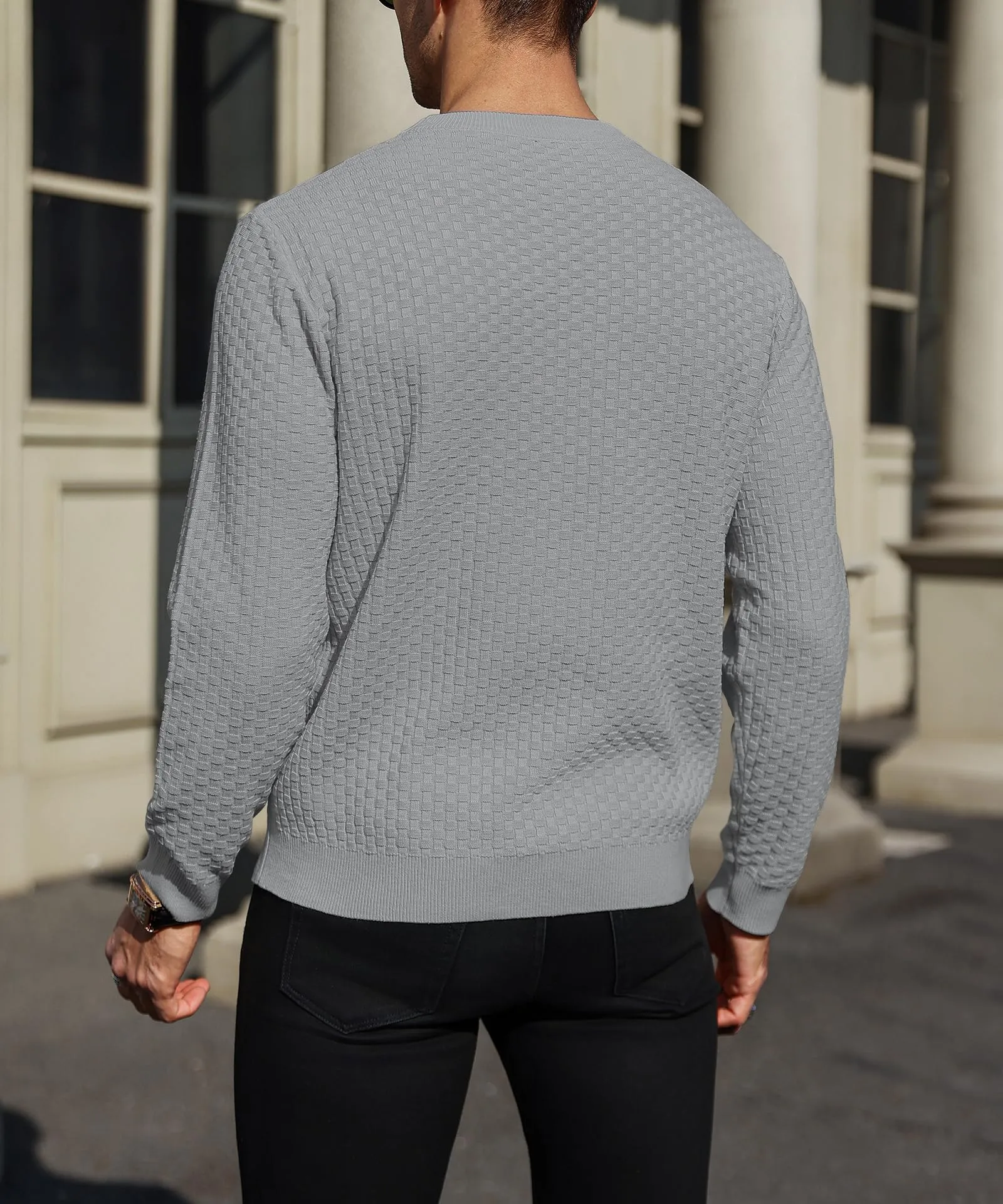 Zaitun Mens Crewneck Sweater Pullover Waffle Knit Casual Patterned Long Sleeve Sweaters