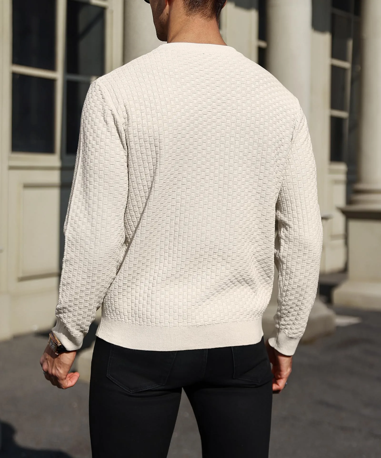Zaitun Mens Crewneck Sweater Pullover Waffle Knit Casual Patterned Long Sleeve Sweaters