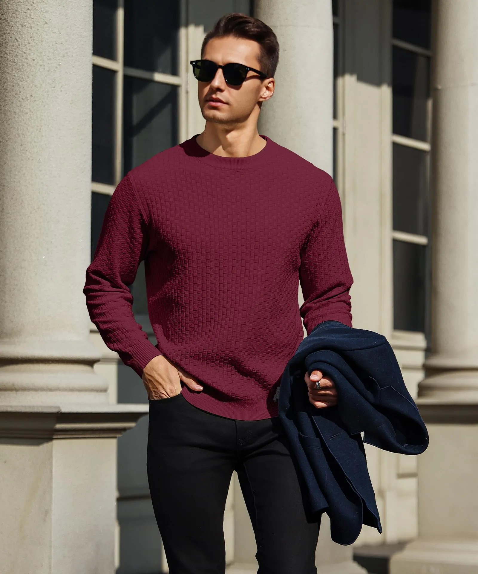 Zaitun Mens Crewneck Sweater Pullover Waffle Knit Casual Patterned Long Sleeve Sweaters