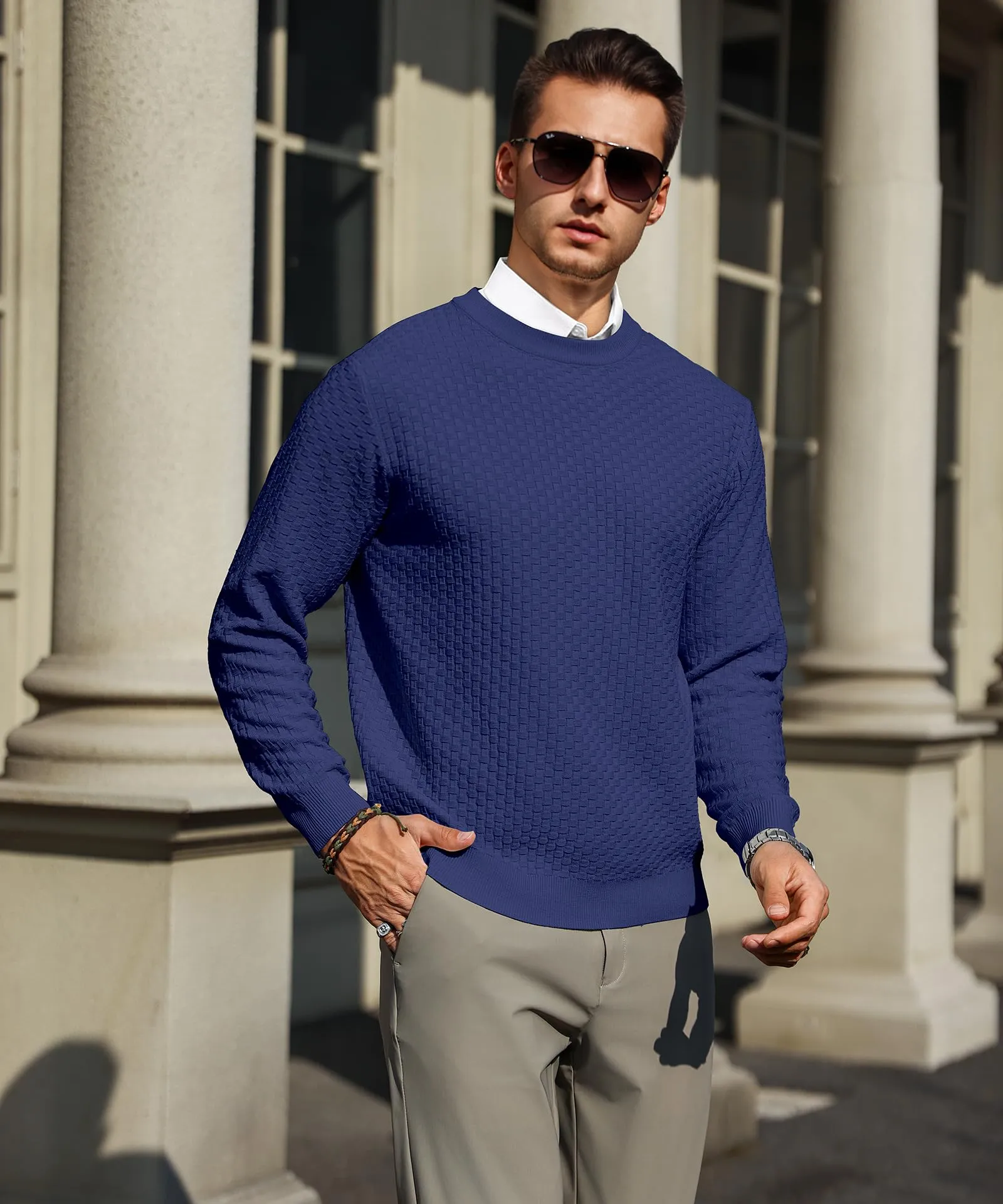 Zaitun Mens Crewneck Sweater Pullover Waffle Knit Casual Patterned Long Sleeve Sweaters