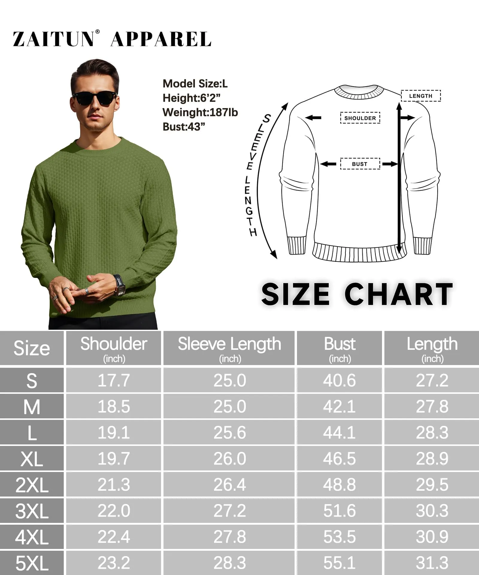 Zaitun Mens Crewneck Sweater Pullover Waffle Knit Casual Patterned Long Sleeve Sweaters