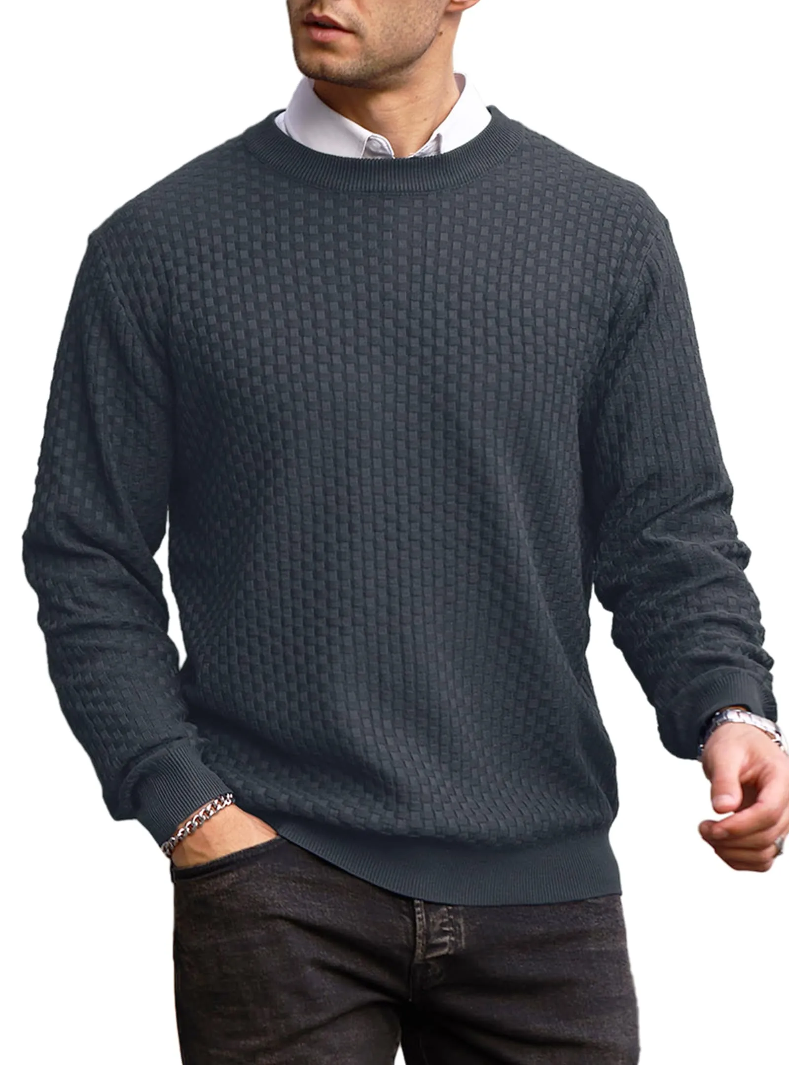 Zaitun Mens Crewneck Sweater Pullover Waffle Knit Casual Patterned Long Sleeve Sweaters