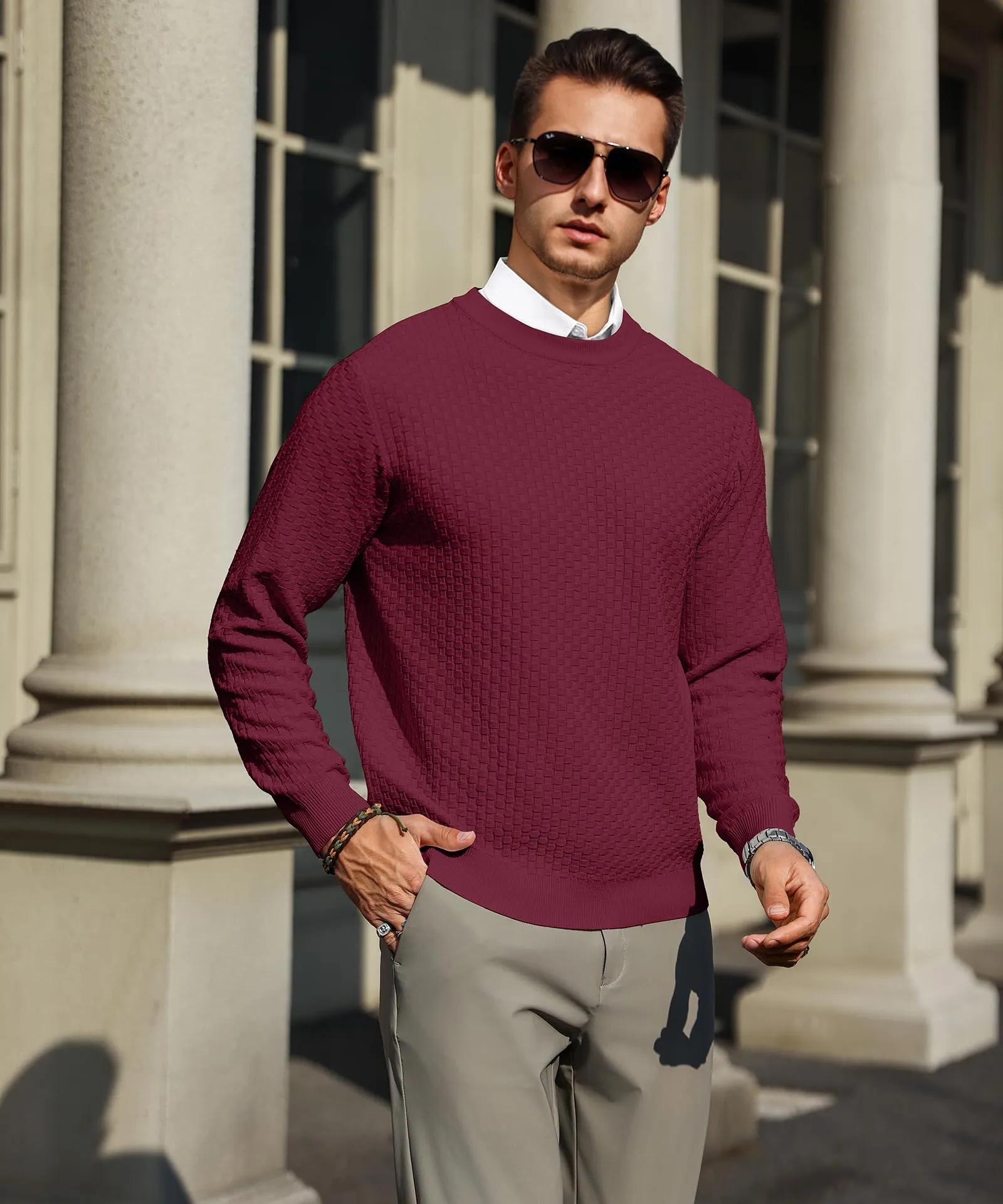 Zaitun Mens Crewneck Sweater Pullover Waffle Knit Casual Patterned Long Sleeve Sweaters