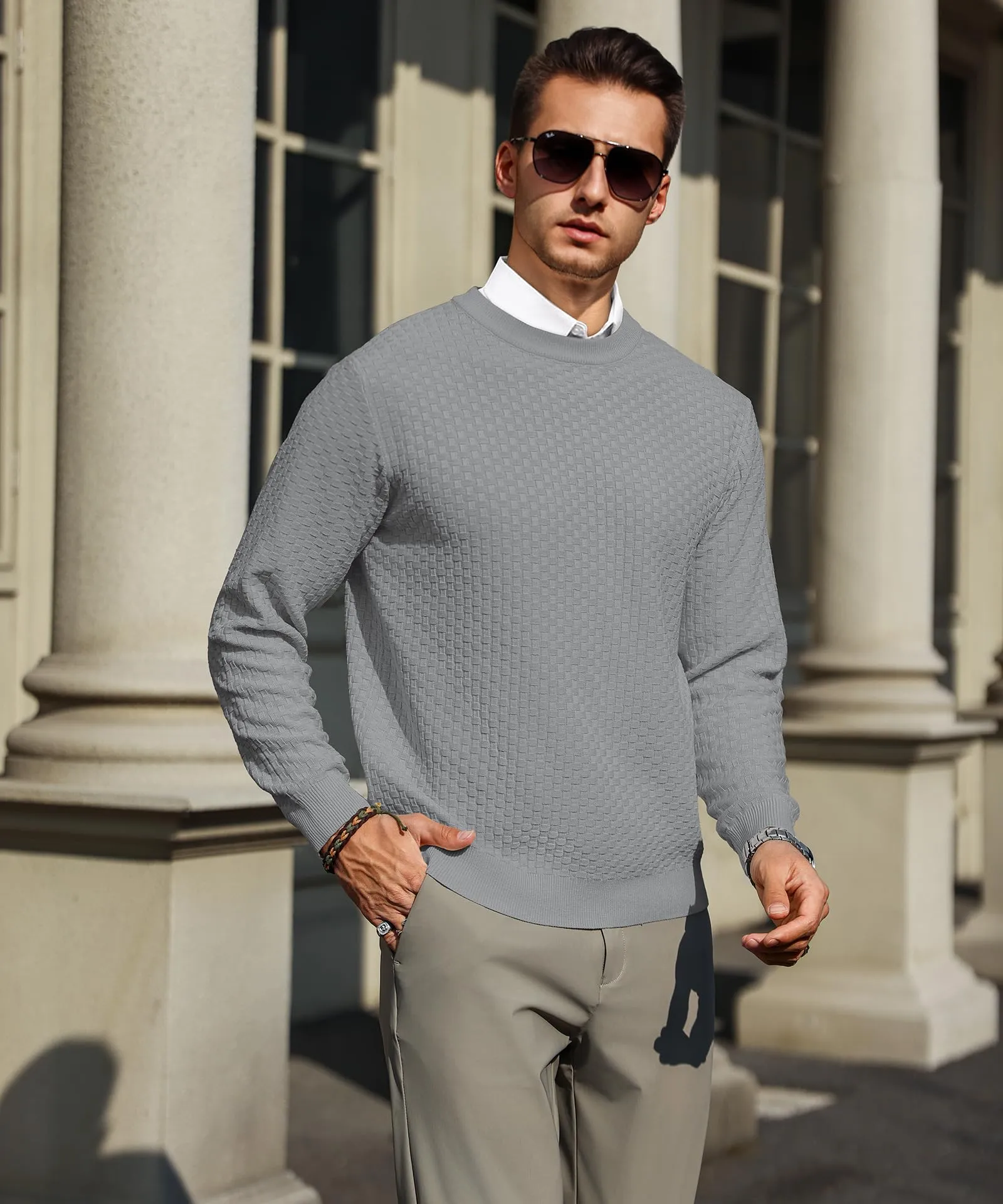 Zaitun Mens Crewneck Sweater Pullover Waffle Knit Casual Patterned Long Sleeve Sweaters