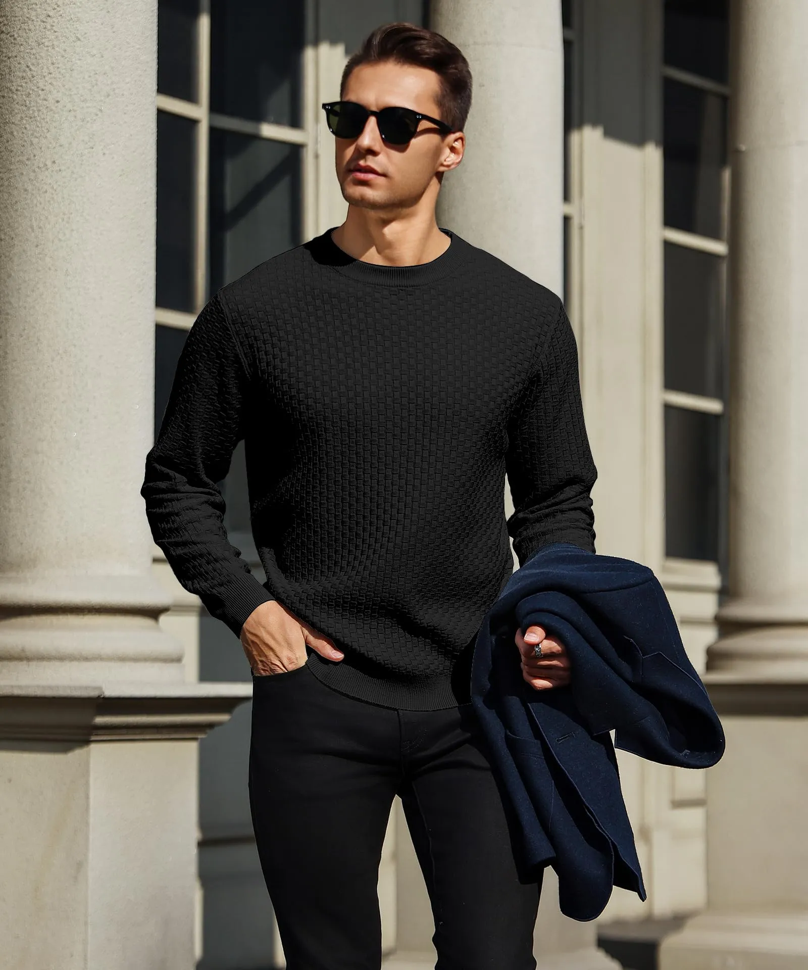Zaitun Mens Crewneck Sweater Pullover Waffle Knit Casual Patterned Long Sleeve Sweaters