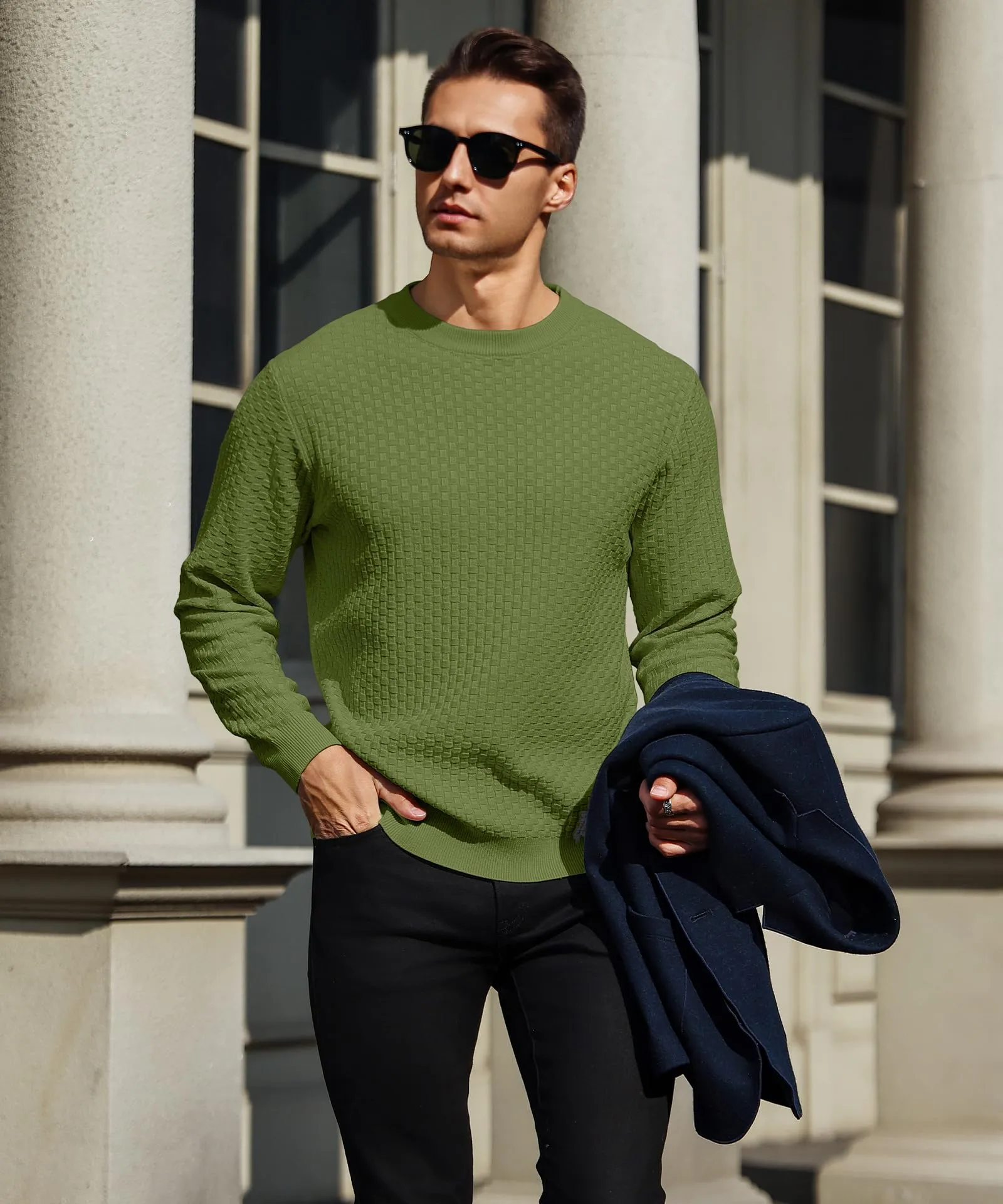 Zaitun Mens Crewneck Sweater Pullover Waffle Knit Casual Patterned Long Sleeve Sweaters