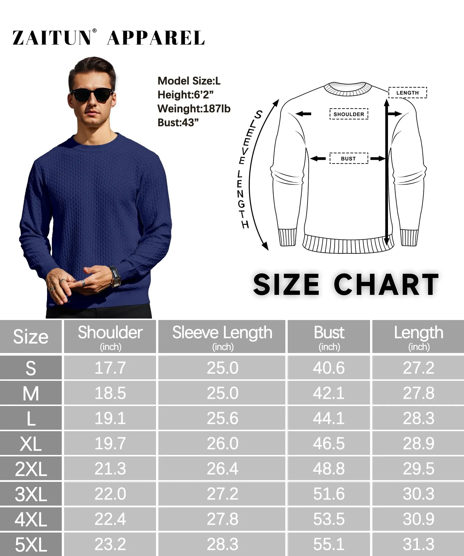 Zaitun Mens Crewneck Sweater Pullover Waffle Knit Casual Patterned Long Sleeve Sweaters