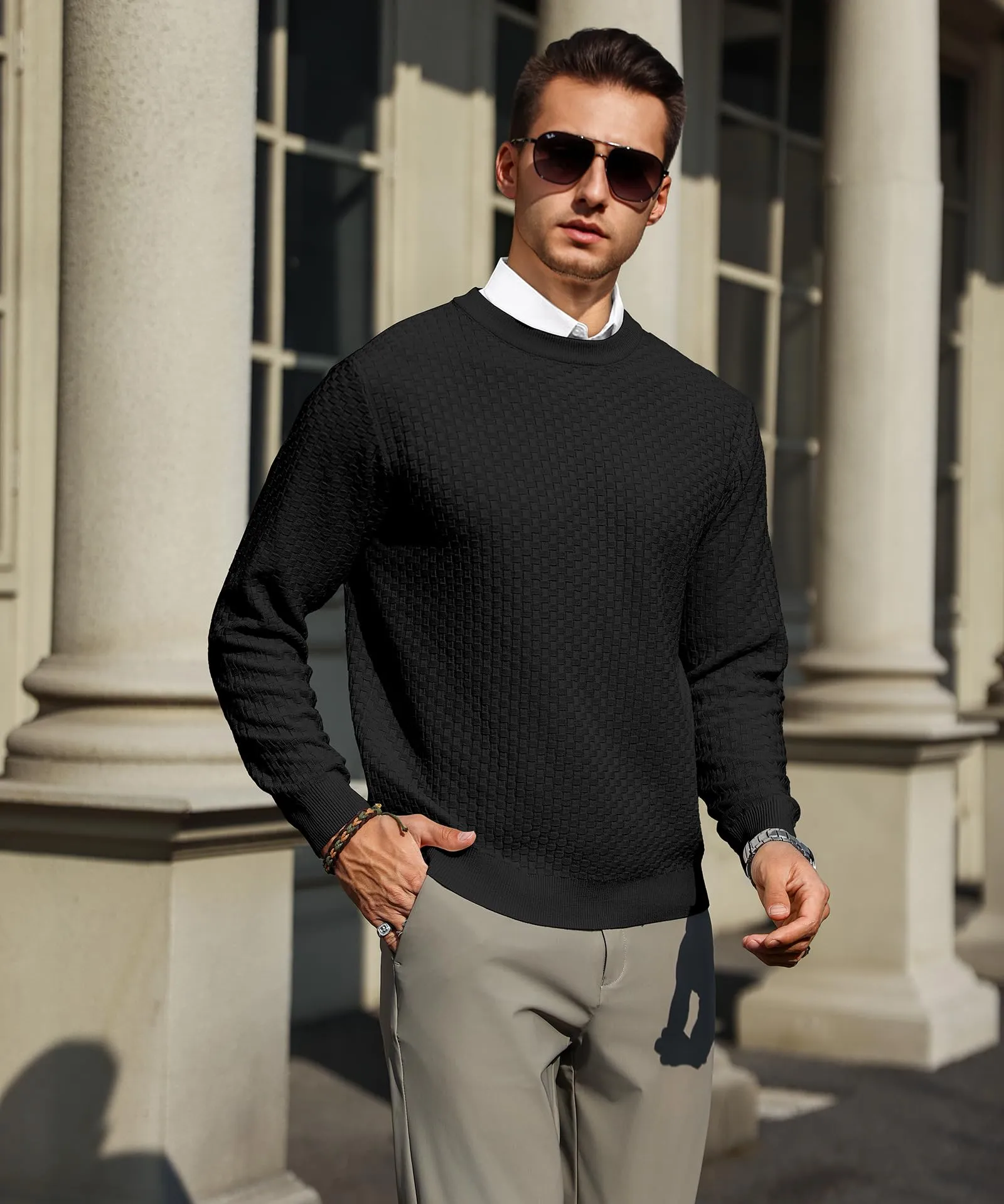 Zaitun Mens Crewneck Sweater Pullover Waffle Knit Casual Patterned Long Sleeve Sweaters