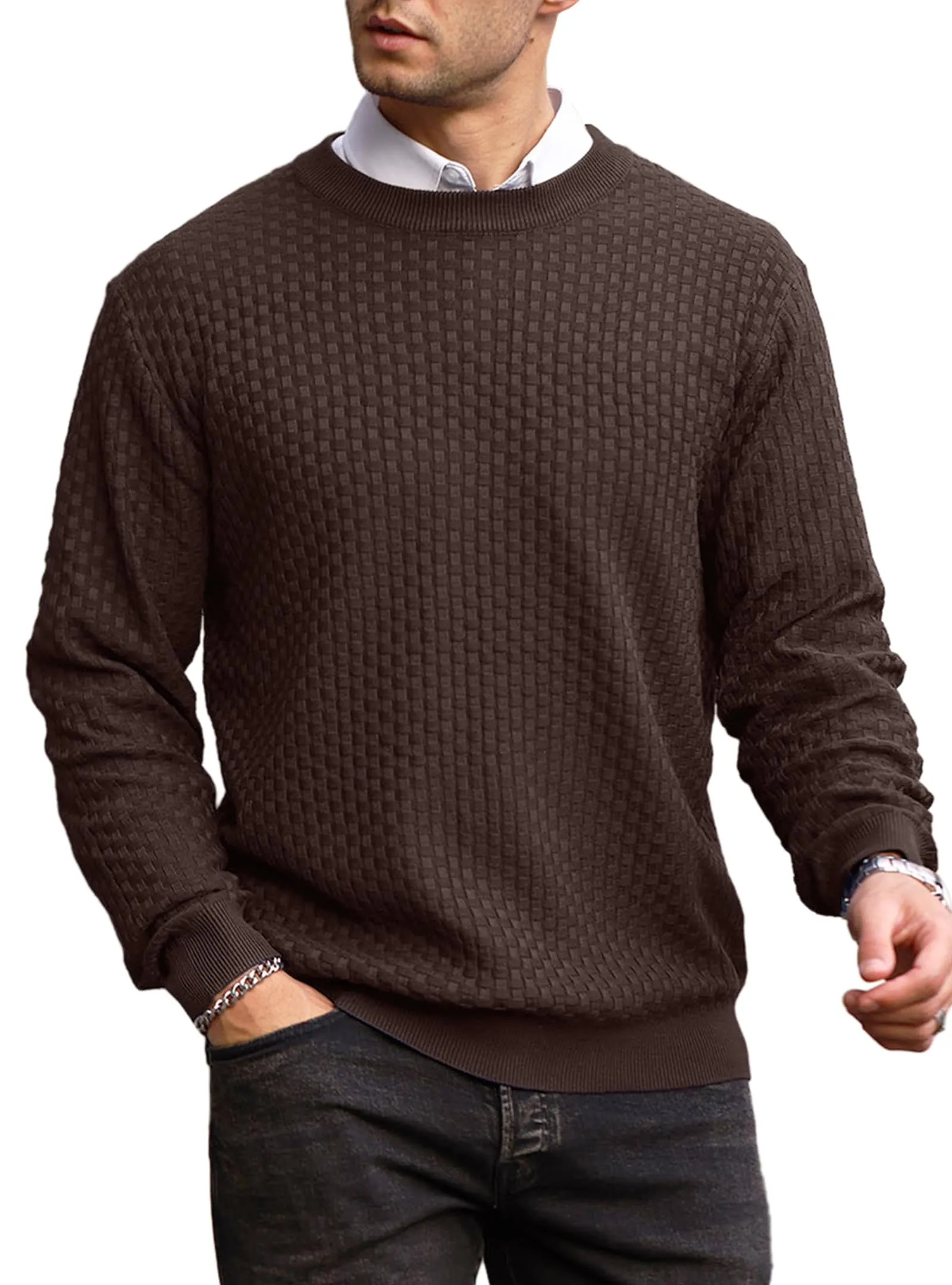 Zaitun Mens Crewneck Sweater Pullover Waffle Knit Casual Patterned Long Sleeve Sweaters