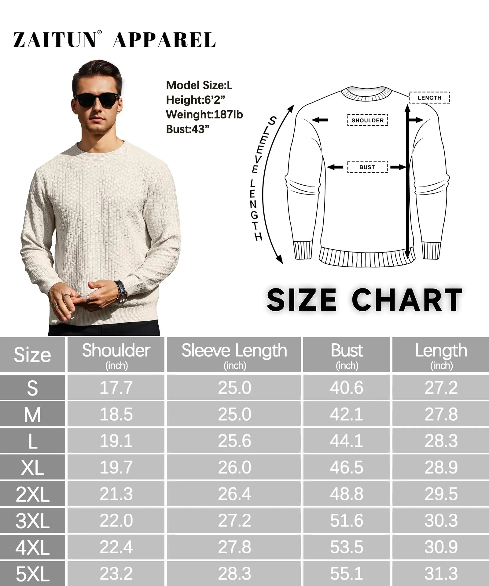 Zaitun Mens Crewneck Sweater Pullover Waffle Knit Casual Patterned Long Sleeve Sweaters