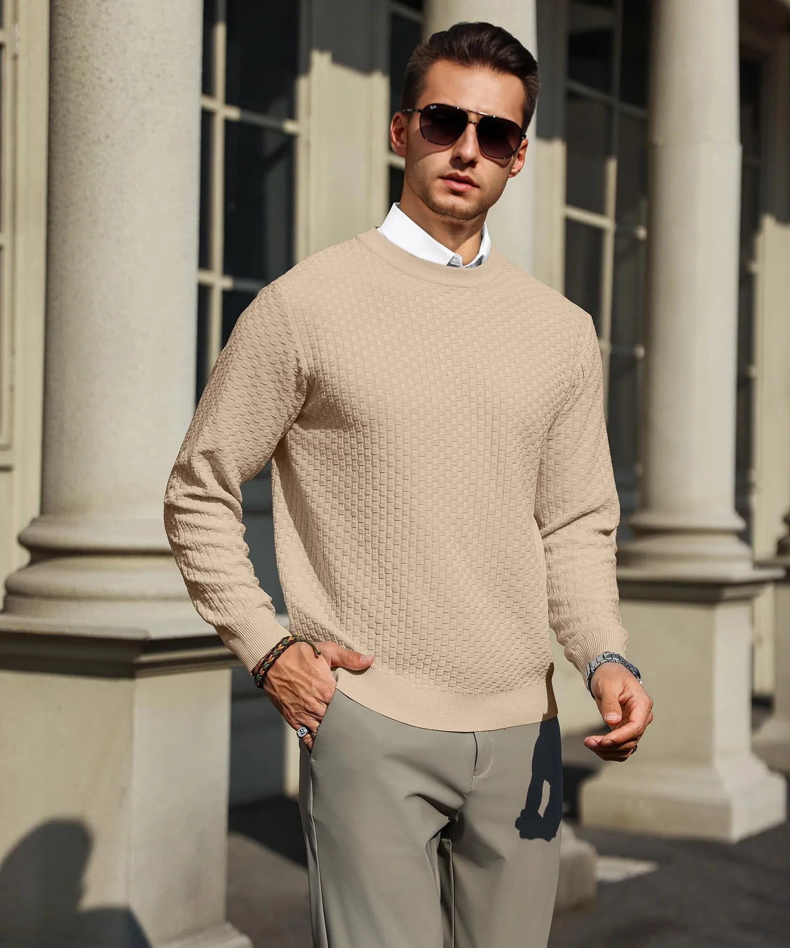 Zaitun Mens Crewneck Sweater Pullover Waffle Knit Casual Patterned Long Sleeve Sweaters