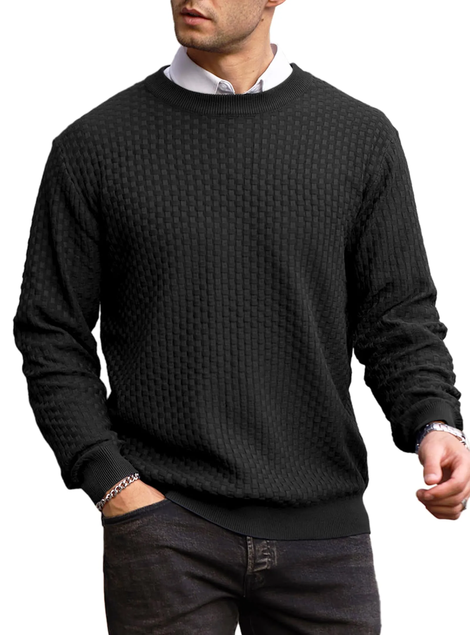 Zaitun Mens Crewneck Sweater Pullover Waffle Knit Casual Patterned Long Sleeve Sweaters