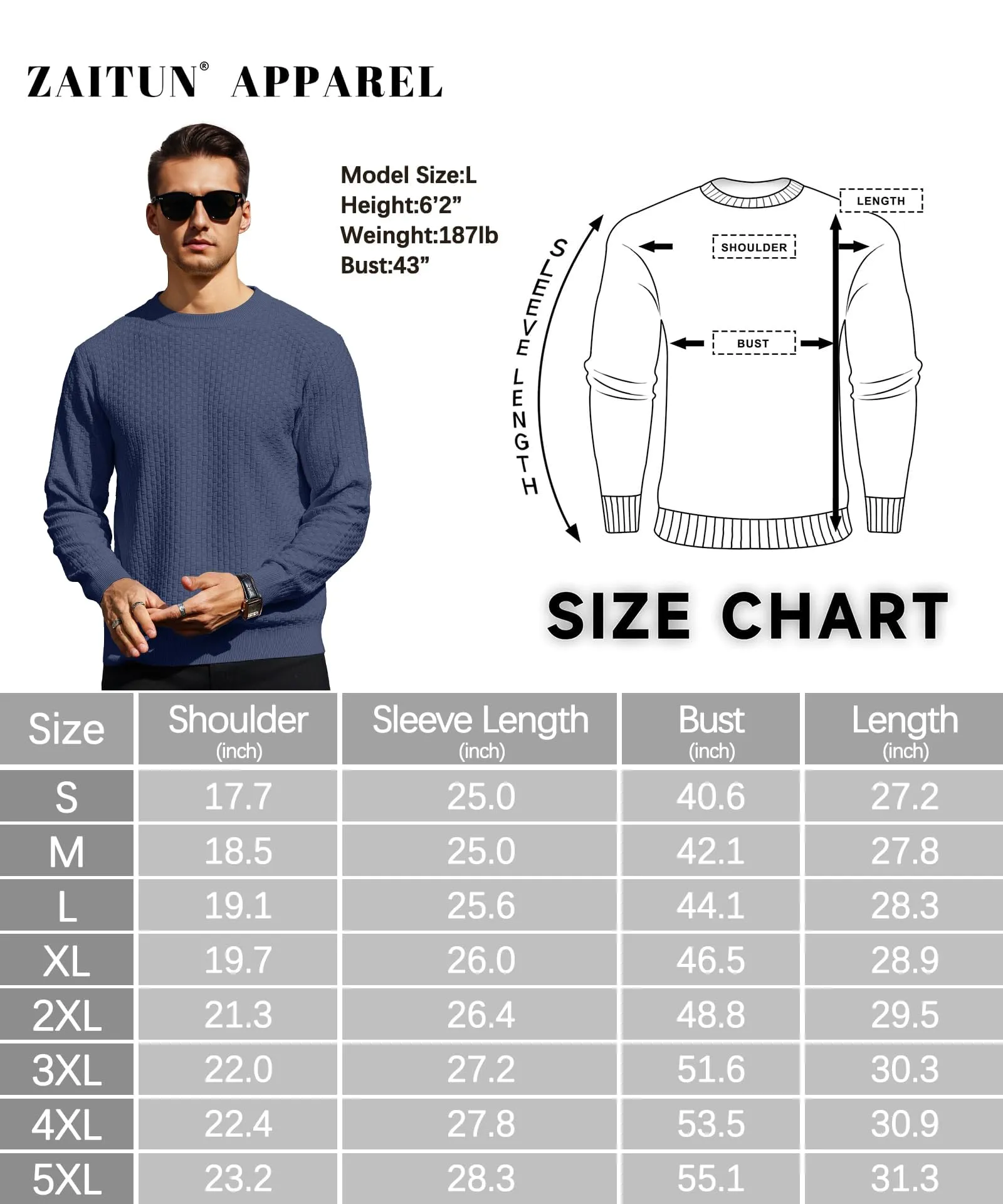 Zaitun Mens Crewneck Sweater Pullover Waffle Knit Casual Patterned Long Sleeve Sweaters