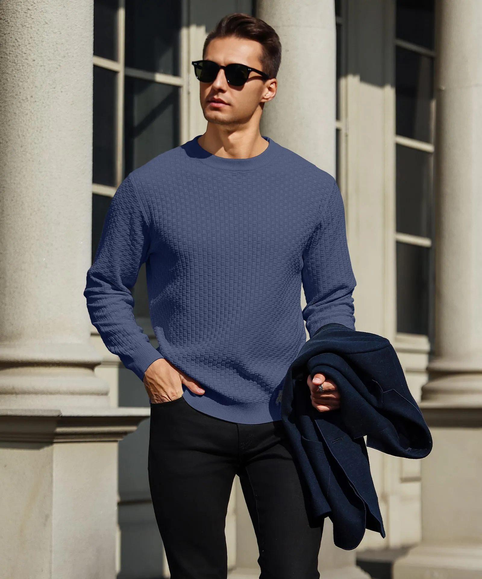 Zaitun Mens Crewneck Sweater Pullover Waffle Knit Casual Patterned Long Sleeve Sweaters