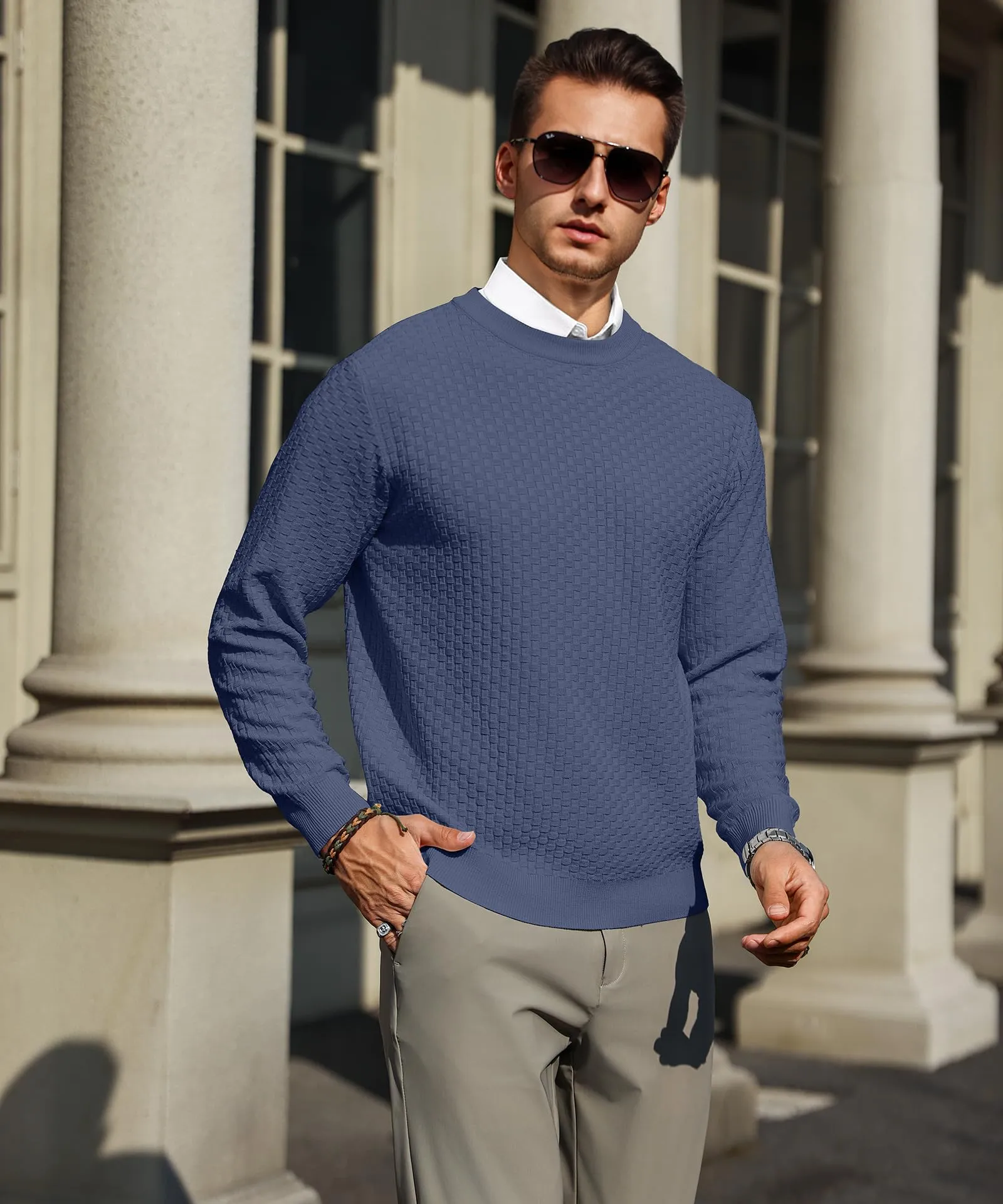 Zaitun Mens Crewneck Sweater Pullover Waffle Knit Casual Patterned Long Sleeve Sweaters