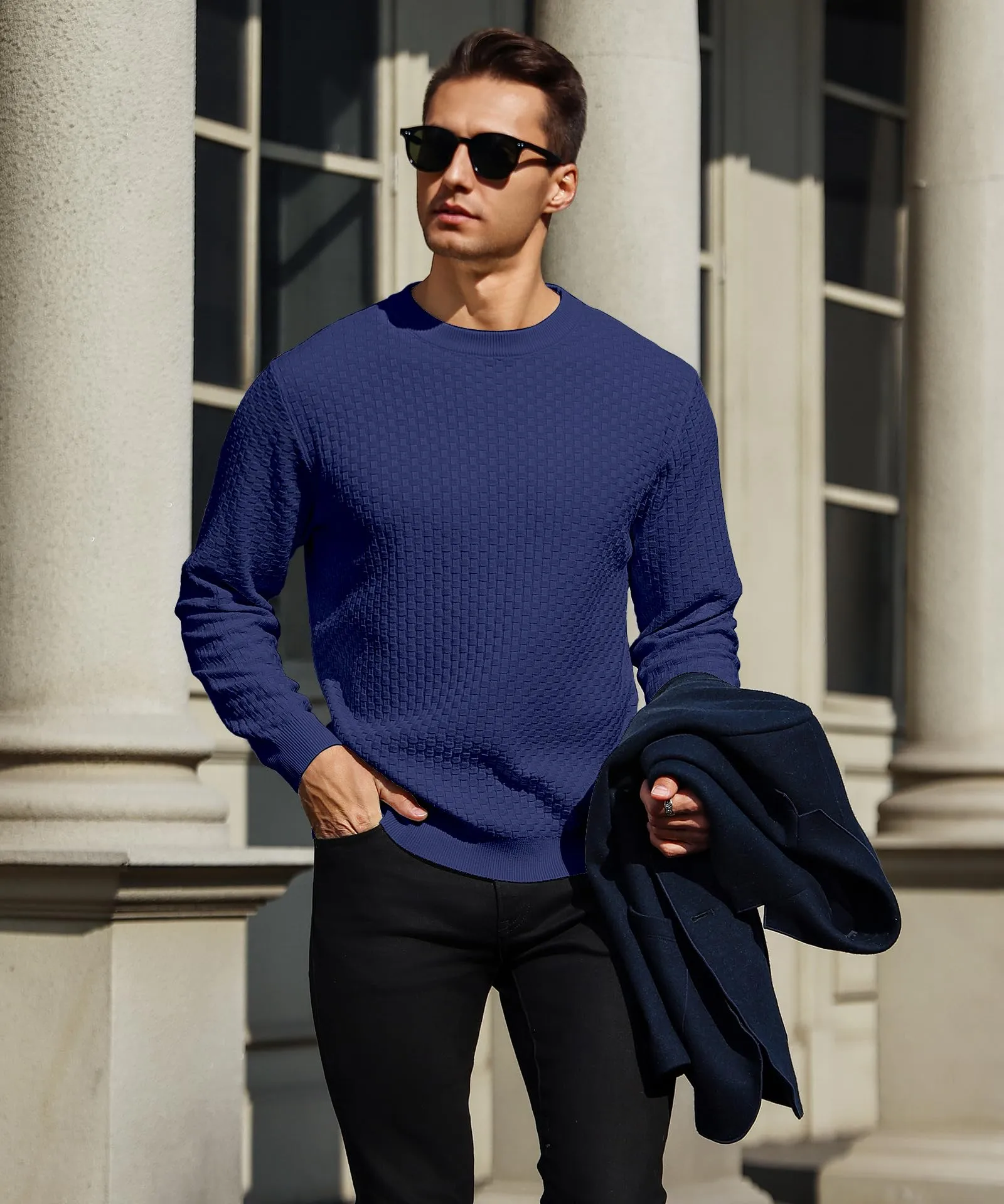 Zaitun Mens Crewneck Sweater Pullover Waffle Knit Casual Patterned Long Sleeve Sweaters